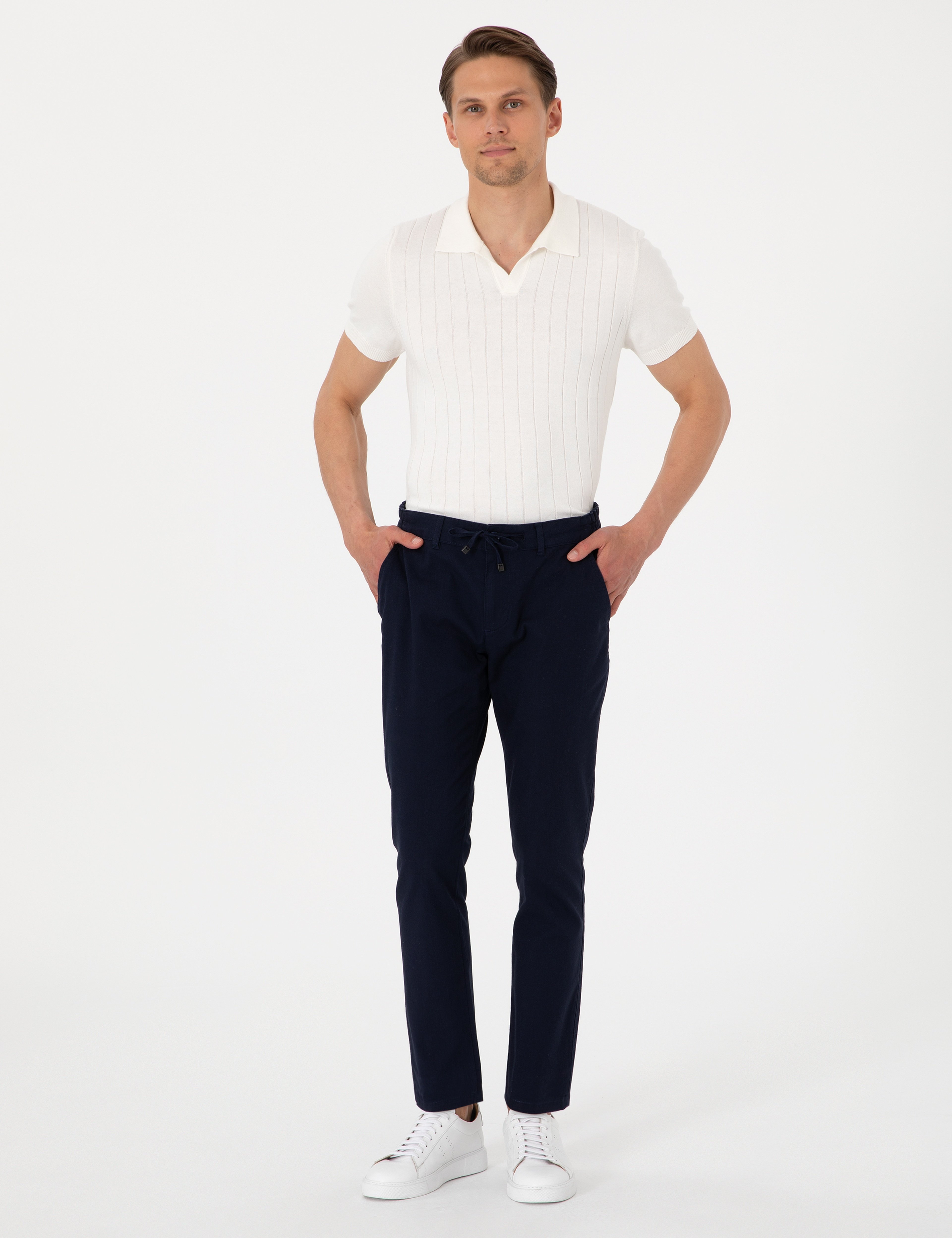 Lacivert Slim Fit Keten Görünümlü Kanvas Pantolon
