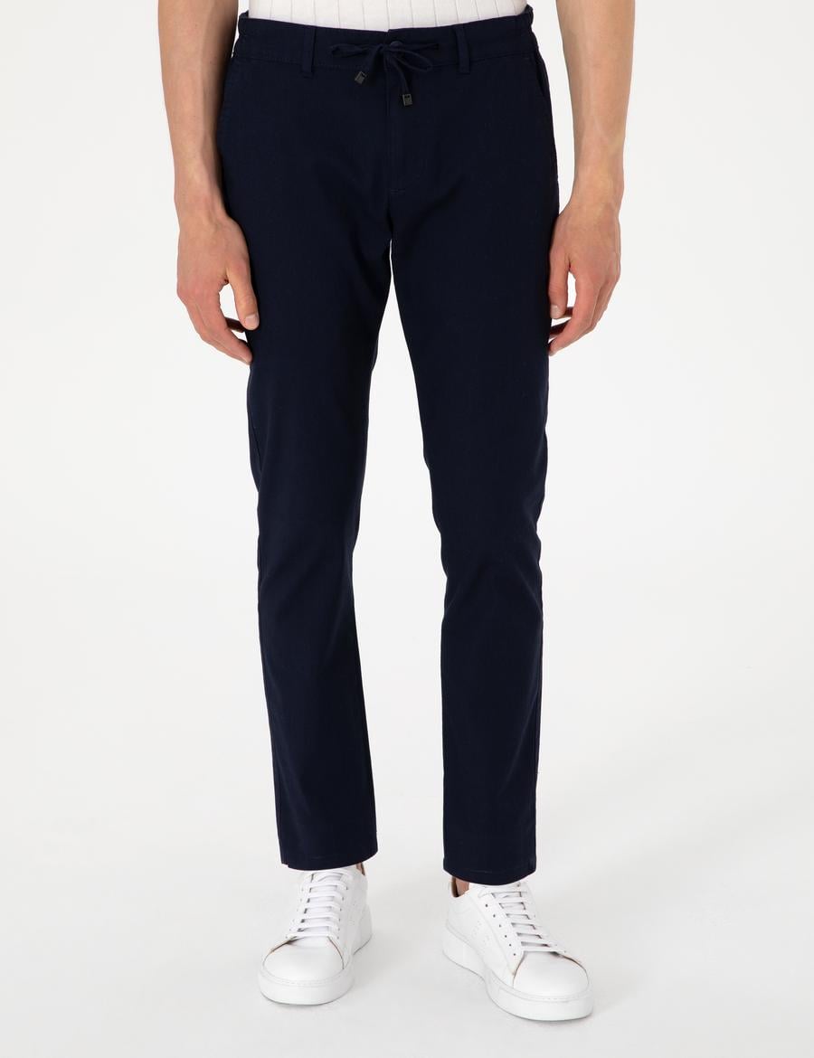 Lacivert Slim Fit Keten Görünümlü Kanvas Pantolon
