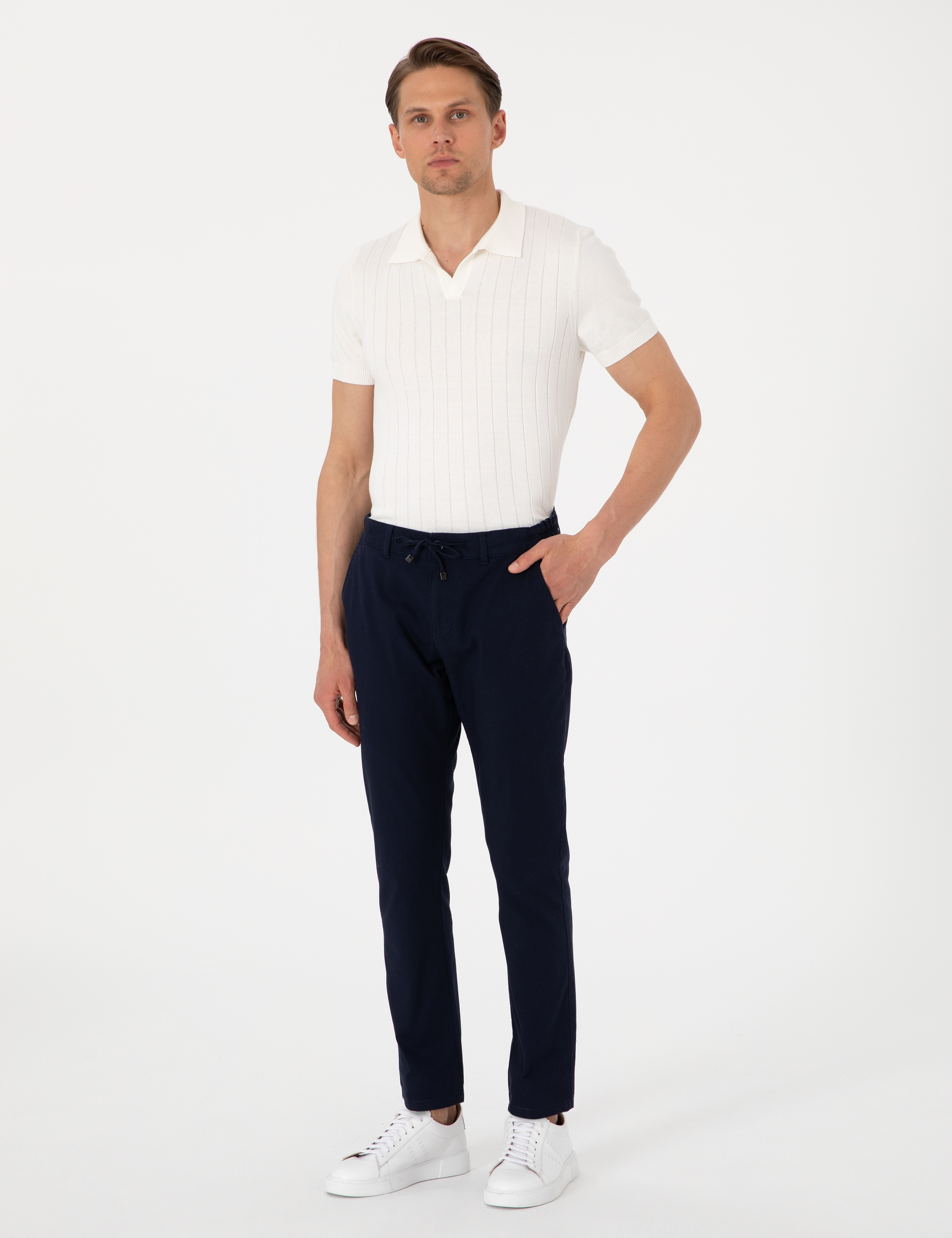 Lacivert Slim Fit Keten Görünümlü Kanvas Pantolon - Image 1