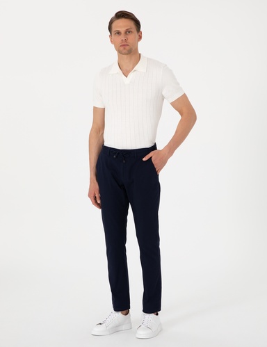 Lacivert Slim Fit Keten Görünümlü Kanvas Pantolon