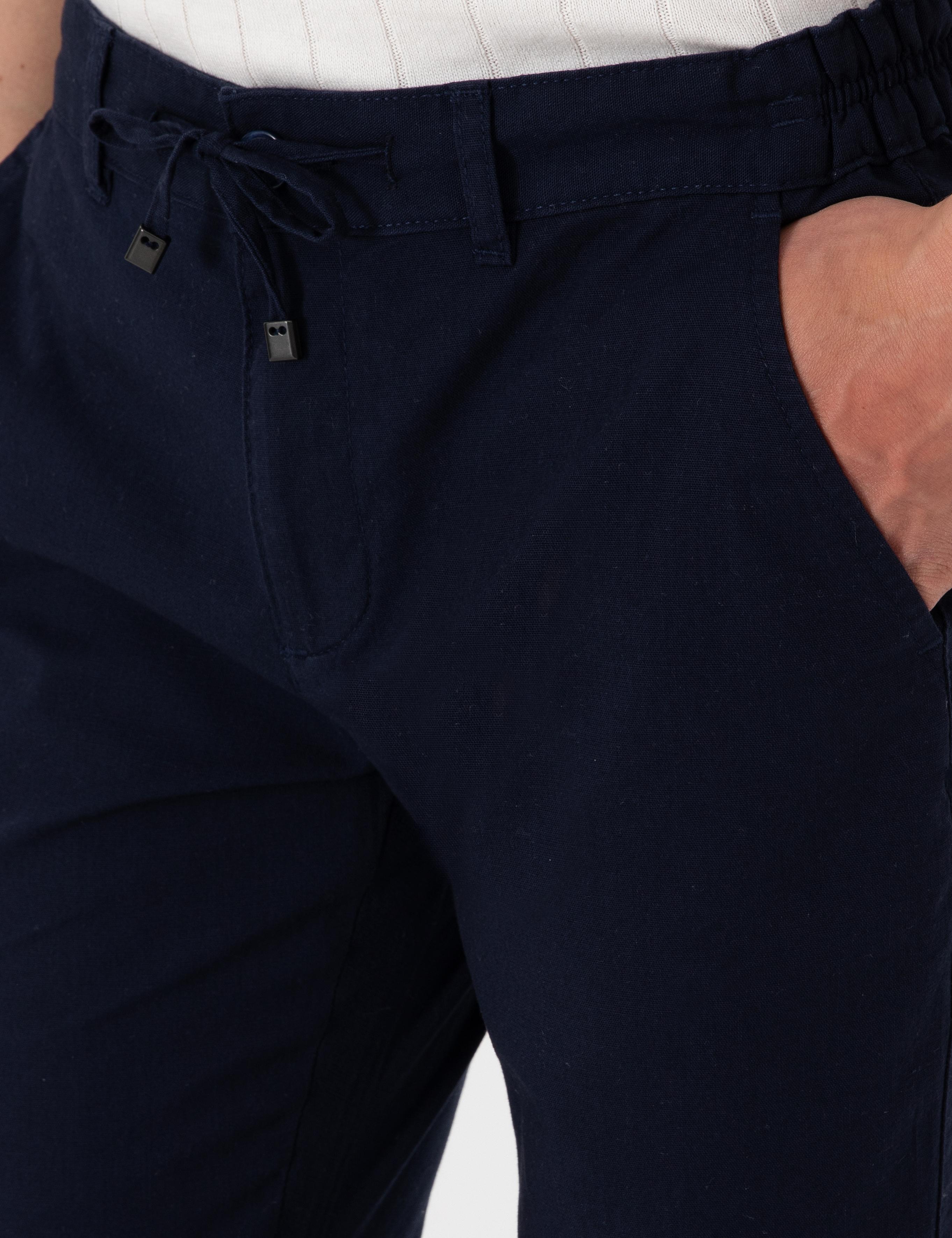 Lacivert Slim Fit Keten Görünümlü Kanvas Pantolon