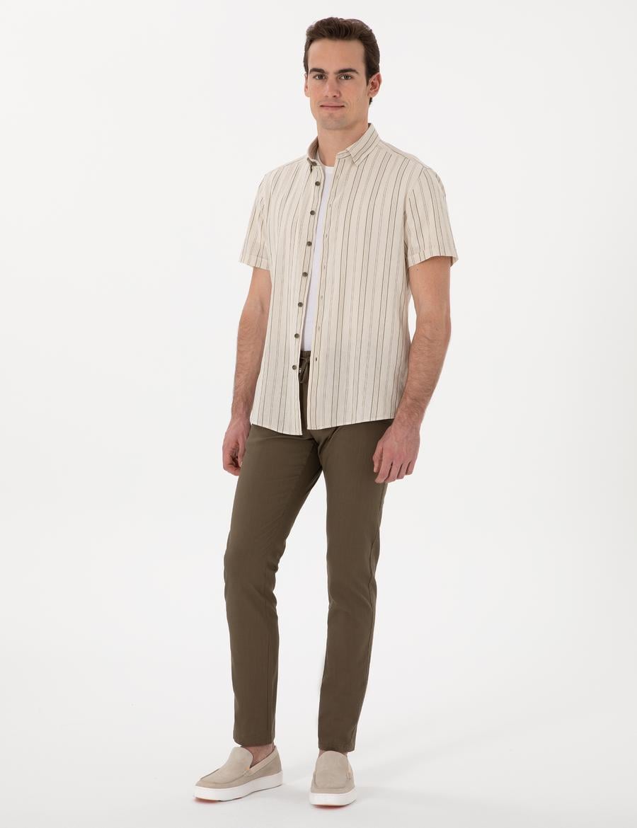 Haki Slim Fit Keten Görünümlü Kanvas Pantolon