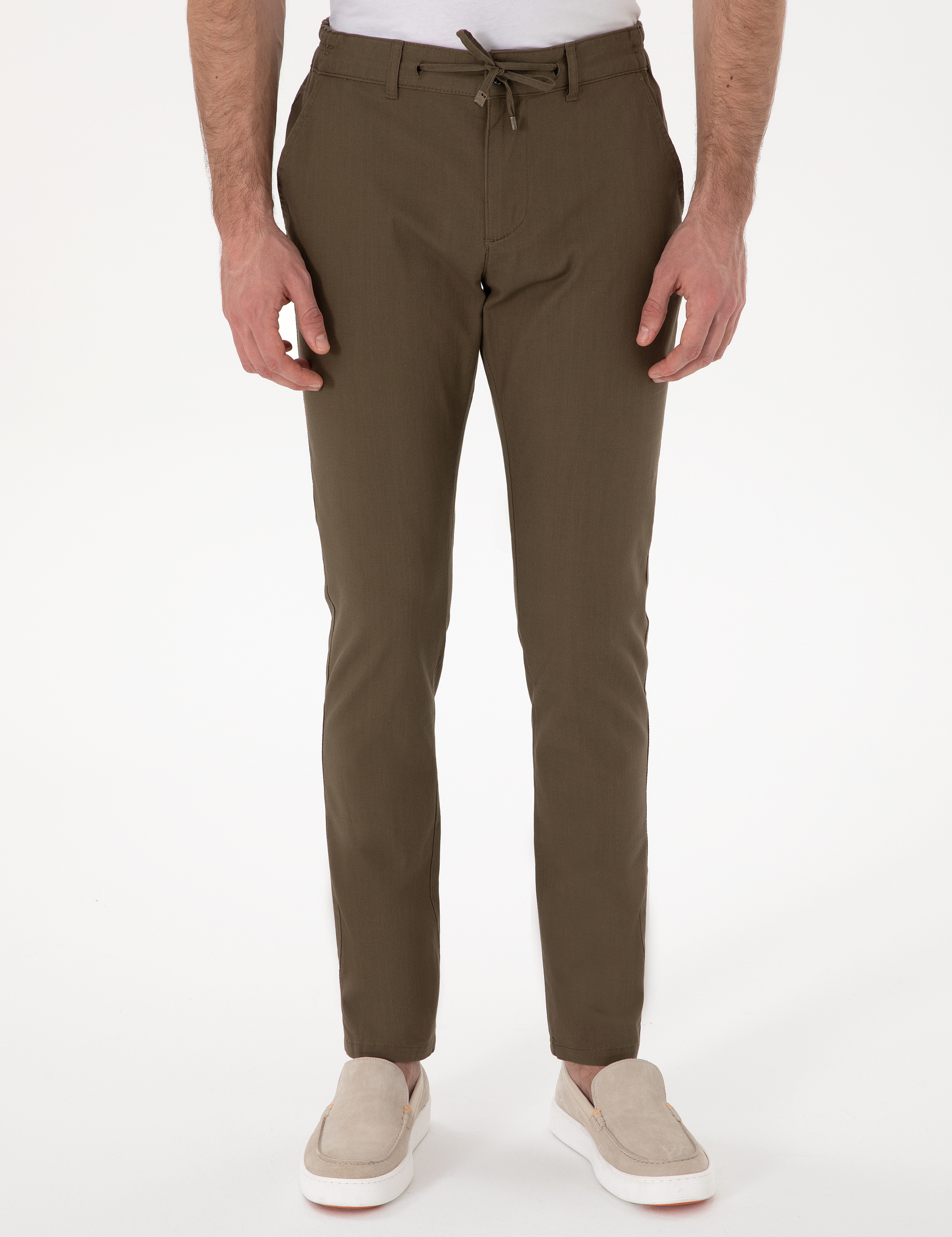 Haki Slim Fit Keten Görünümlü Kanvas Pantolon - Image 2