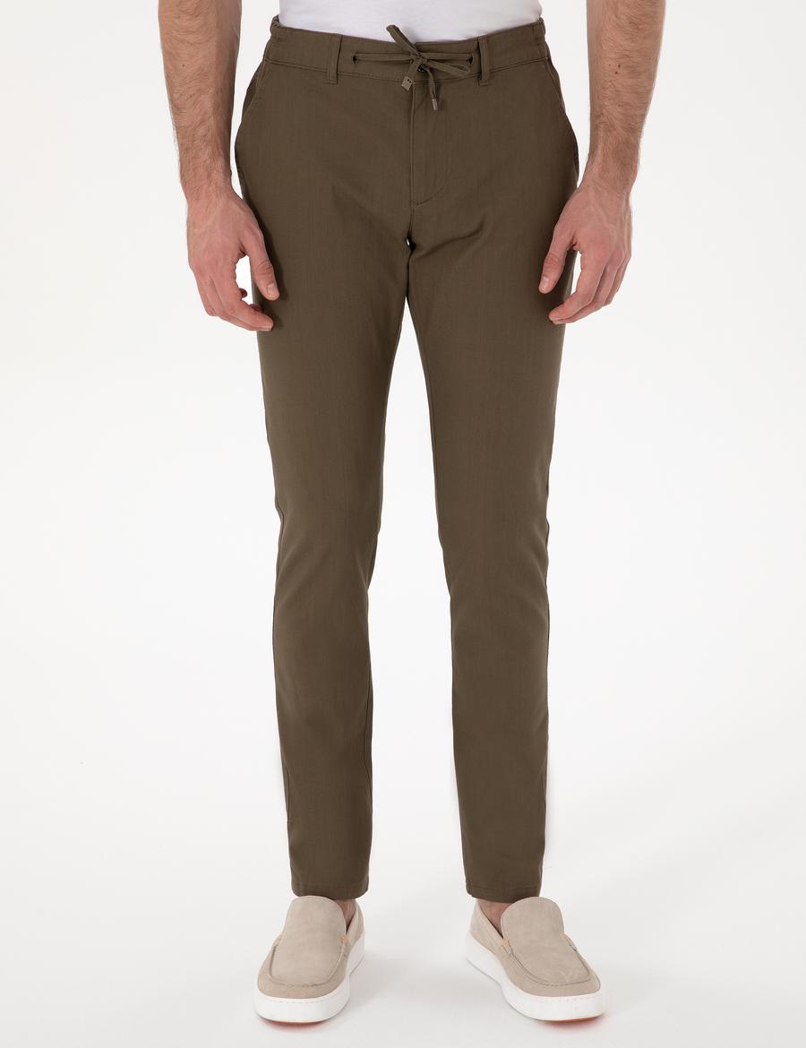 Haki Slim Fit Keten Görünümlü Kanvas Pantolon