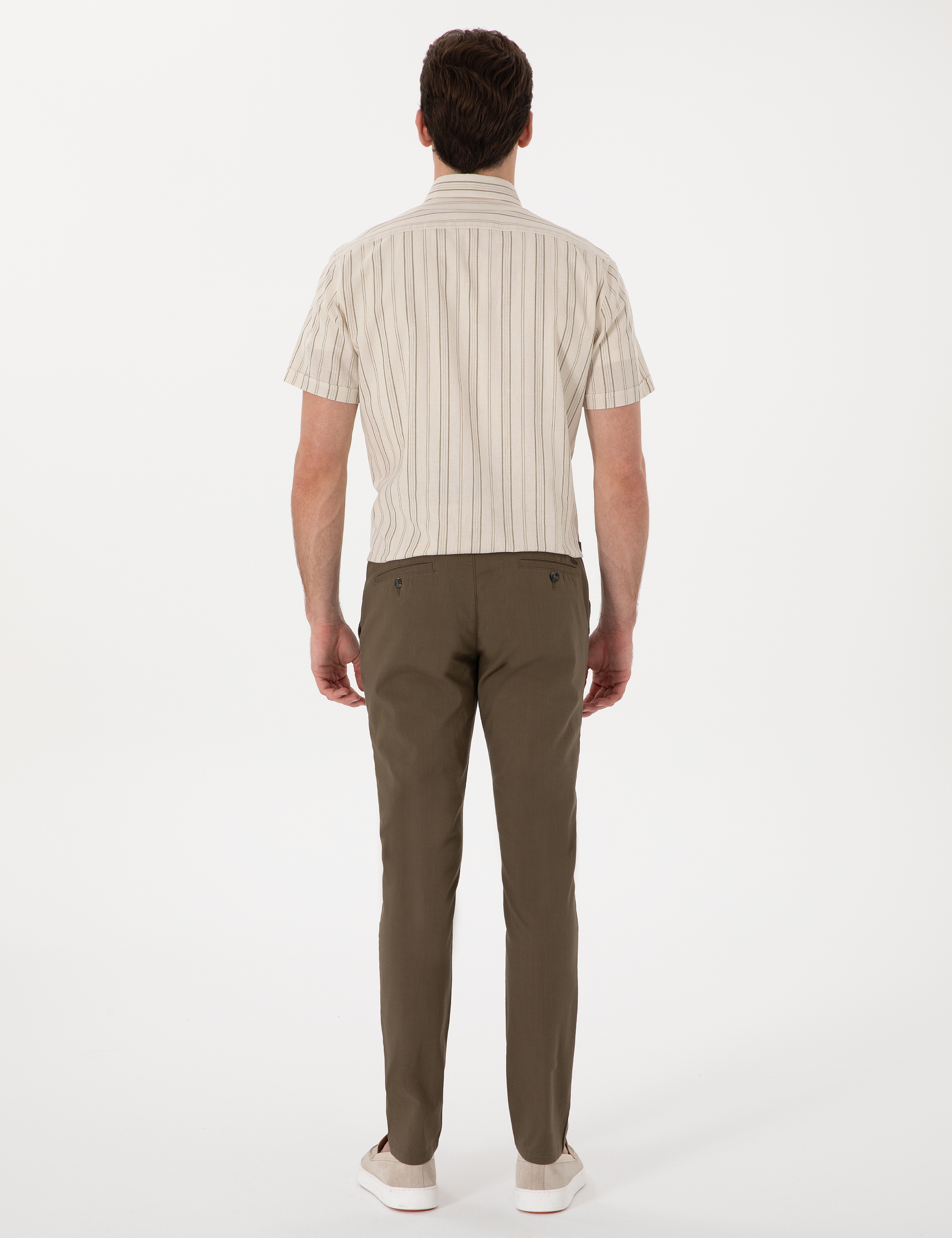 Haki Slim Fit Keten Görünümlü Kanvas Pantolon - Image 4