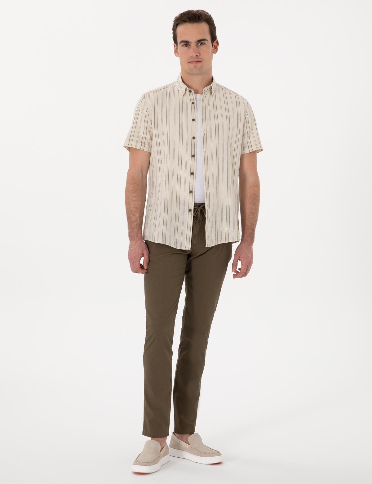 Haki Slim Fit Keten Görünümlü Kanvas Pantolon - 50308086053