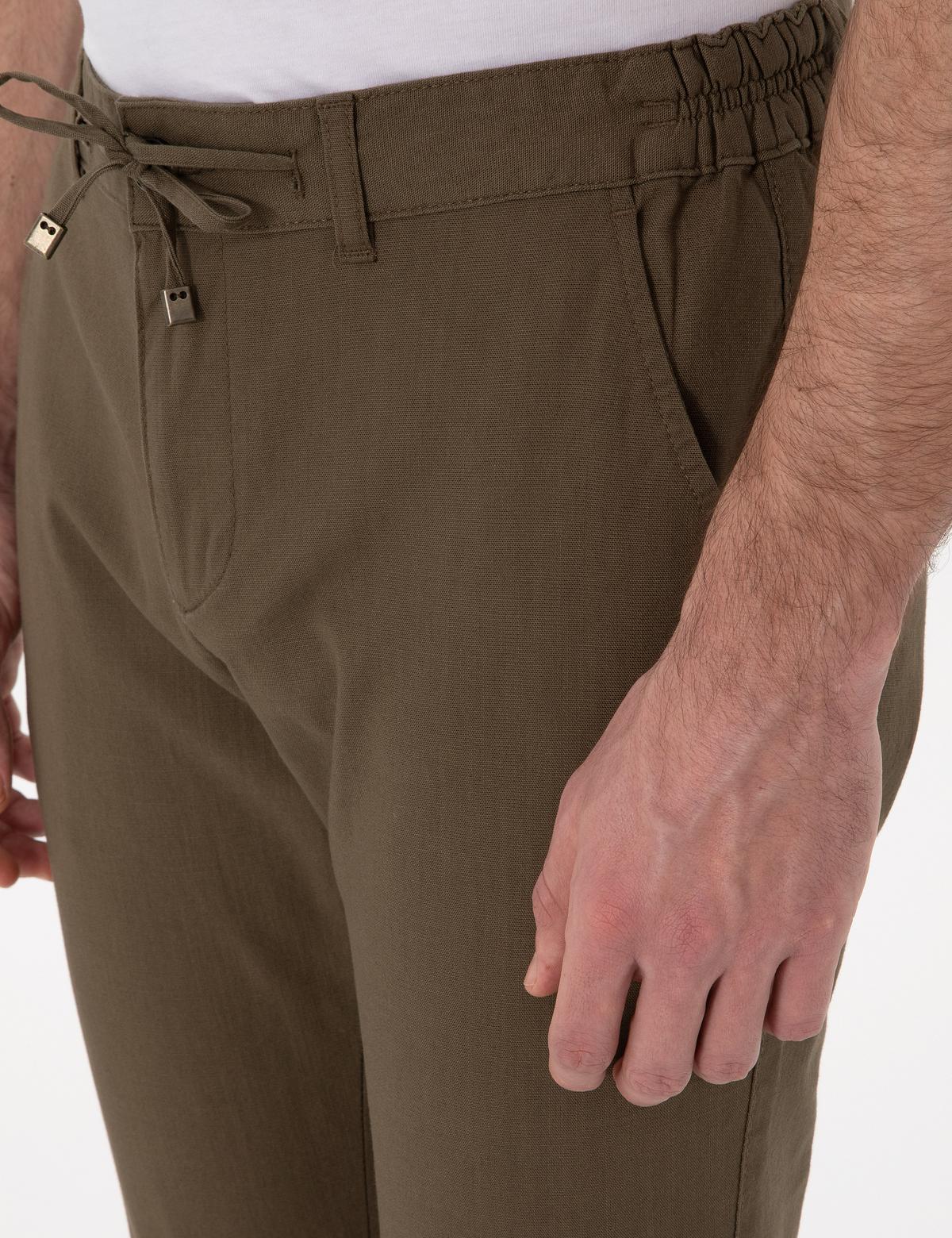 Haki Slim Fit Keten Görünümlü Kanvas Pantolon - 50308086053