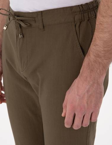 Haki Slim Fit Keten Görünümlü Kanvas Pantolon