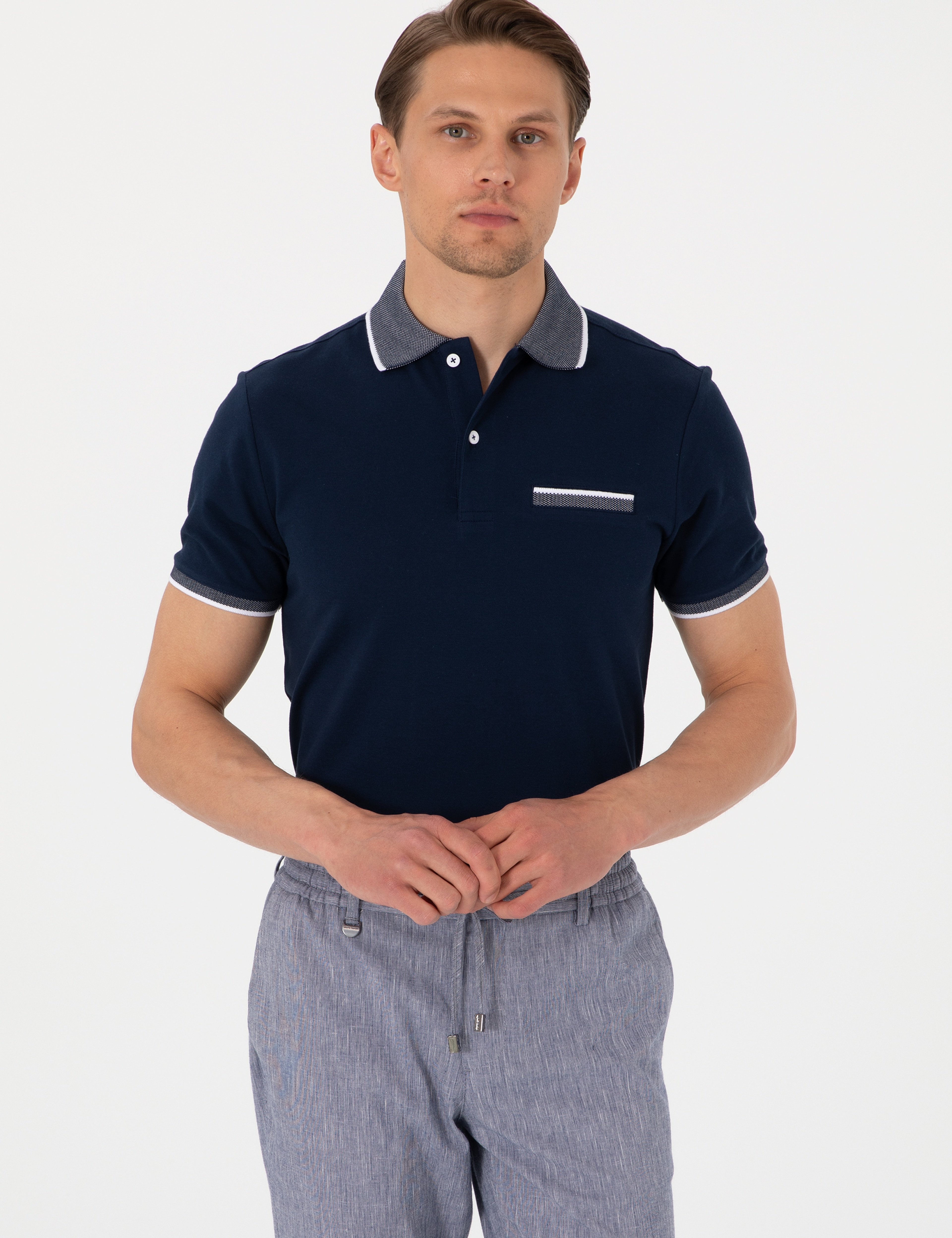 Lacivert Slim Fit %100 Pamuk Düğmeli Polo Yaka Tişört