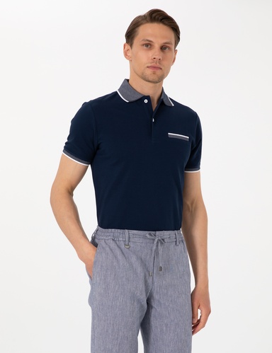 Lacivert Slim Fit %100 Pamuk Düğmeli Polo Yaka Tişört