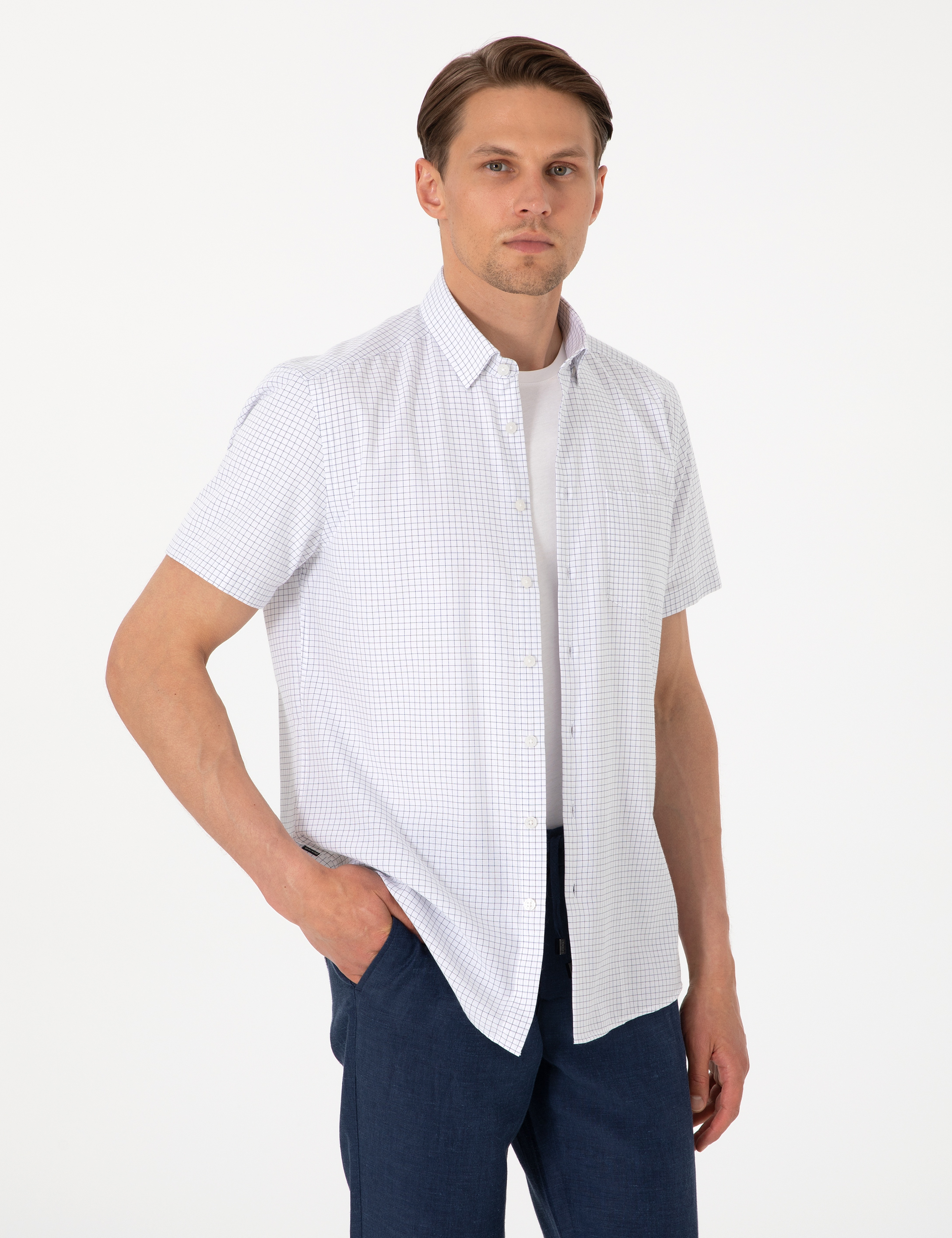 Lacivert Kareli Regular Fit Kısa Kollu Gömlek - Image 3