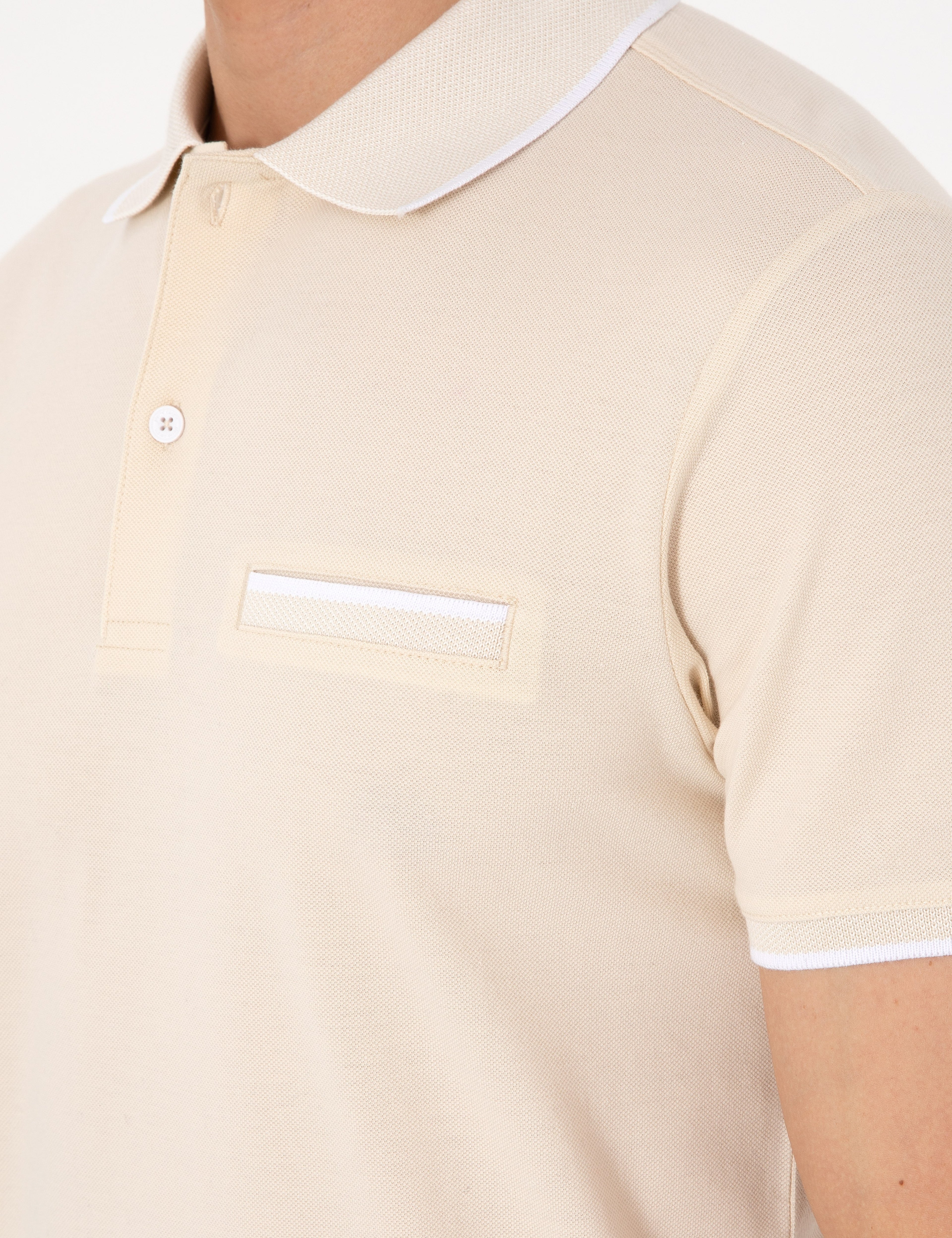 Bej Slim Fit %100 Pamuk Düğmeli Polo Yaka Tişört