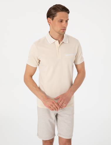 Bej Slim Fit %100 Pamuk Düğmeli Polo Yaka Tişört