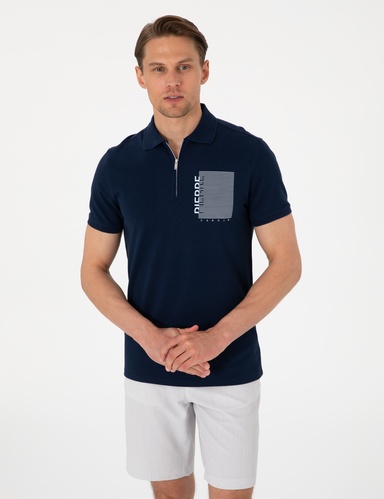 Lacivert Slim Fit %100 Pamuk Fermuarlı Polo Yaka Tişört