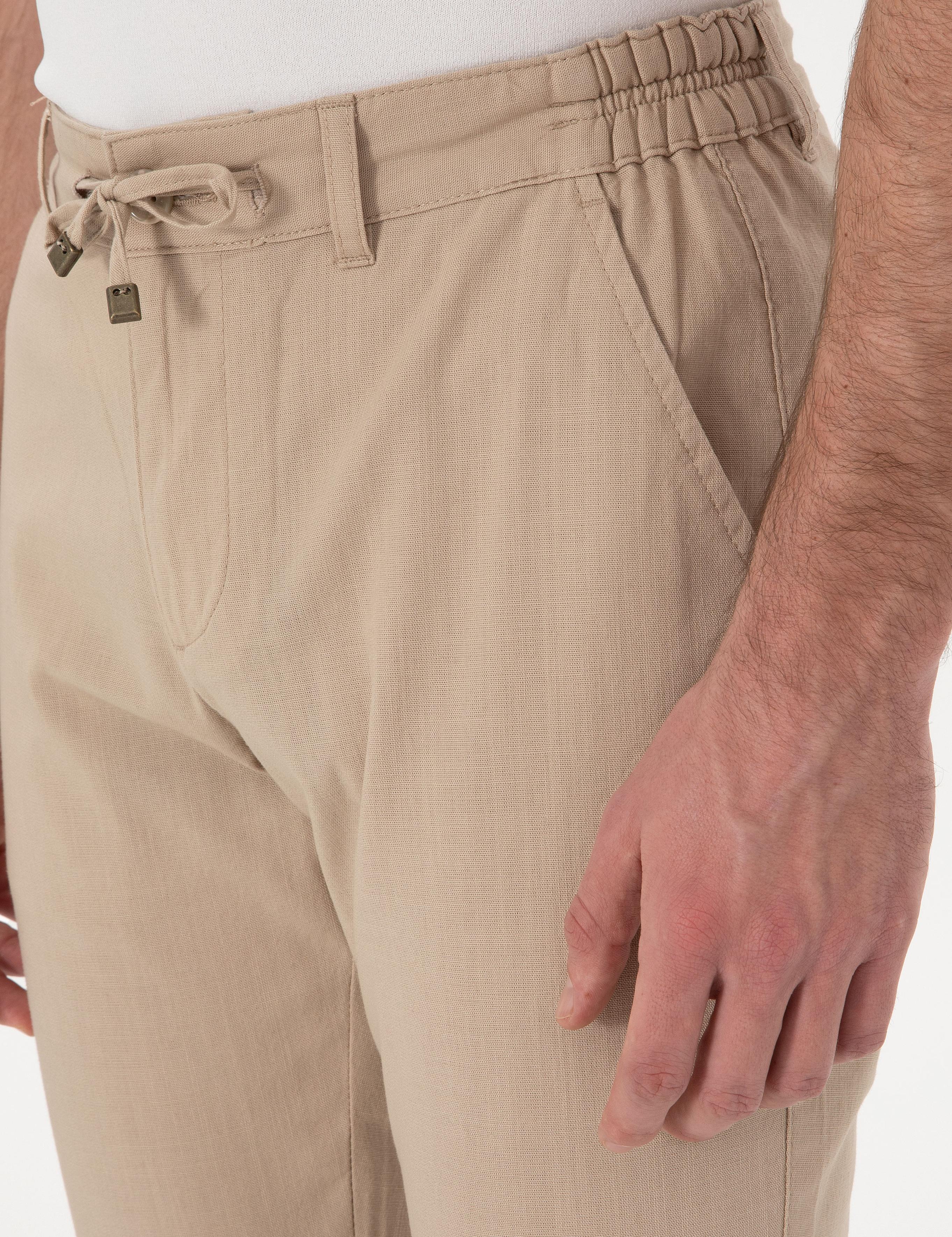 Bej Slim Fit Keten Görünümlü Kanvas Pantolon