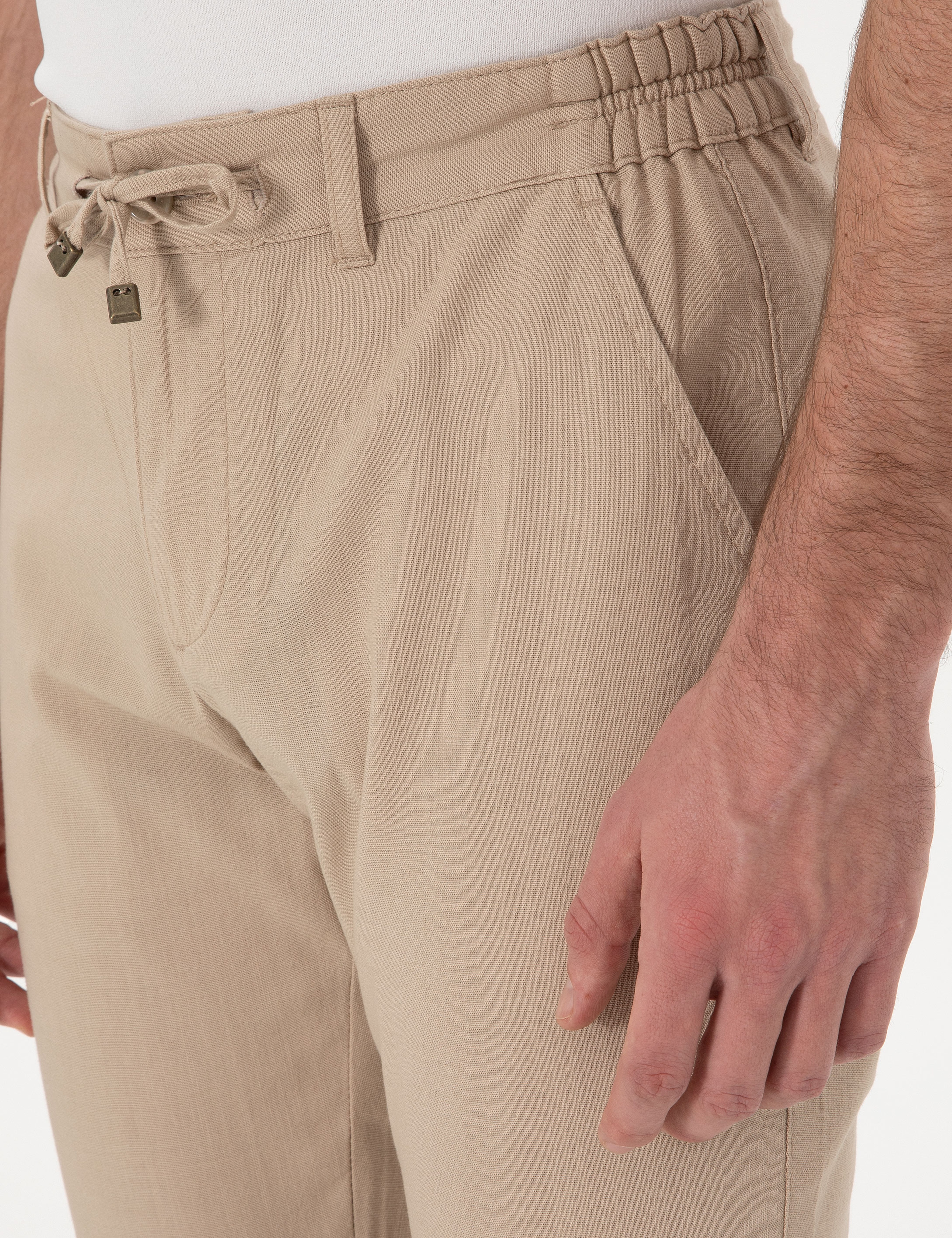Bej Slim Fit Keten Görünümlü Kanvas Pantolon - Image 5