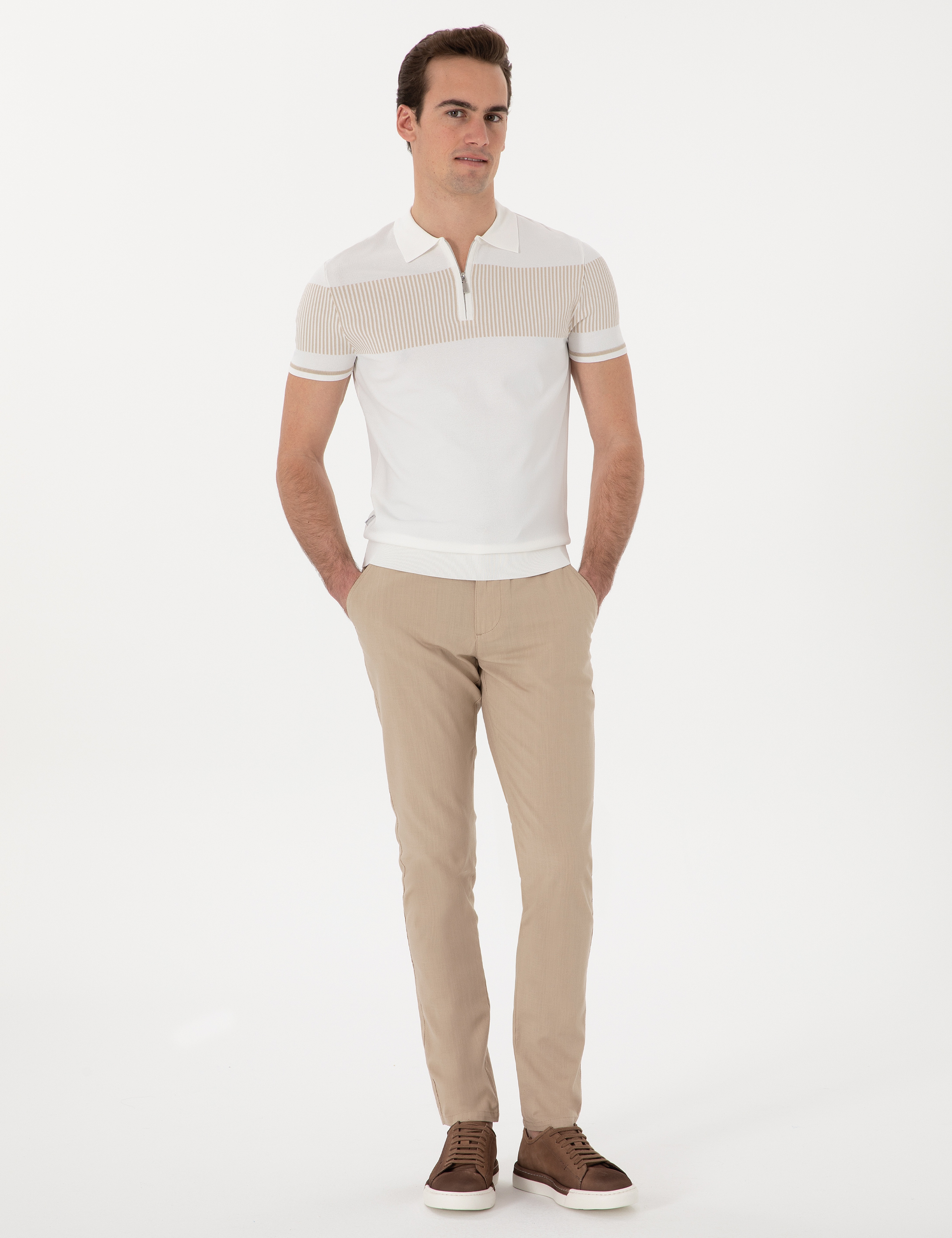 Bej Slim Fit Keten Görünümlü Kanvas Pantolon - Image 3