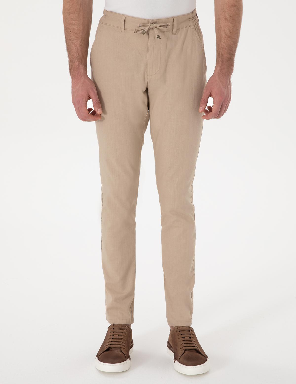 Bej Slim Fit Keten Görünümlü Kanvas Pantolon - 50308086185
