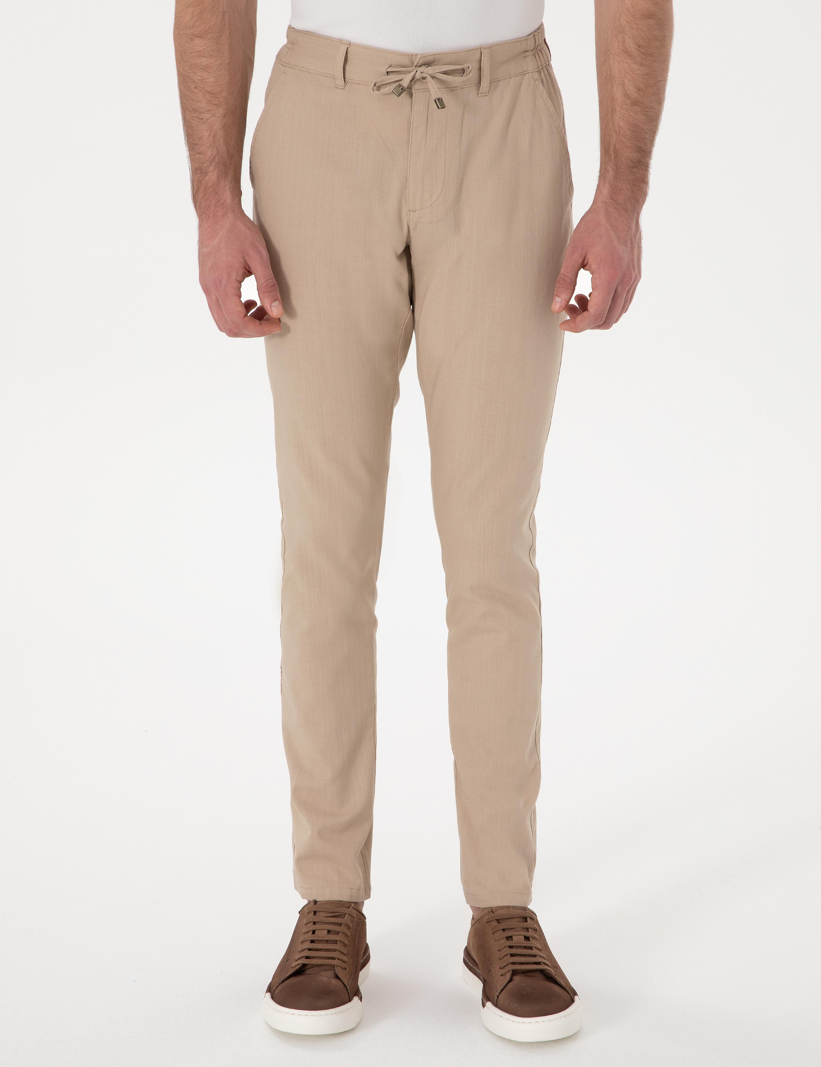 Bej Slim Fit Keten Görünümlü Kanvas Pantolon