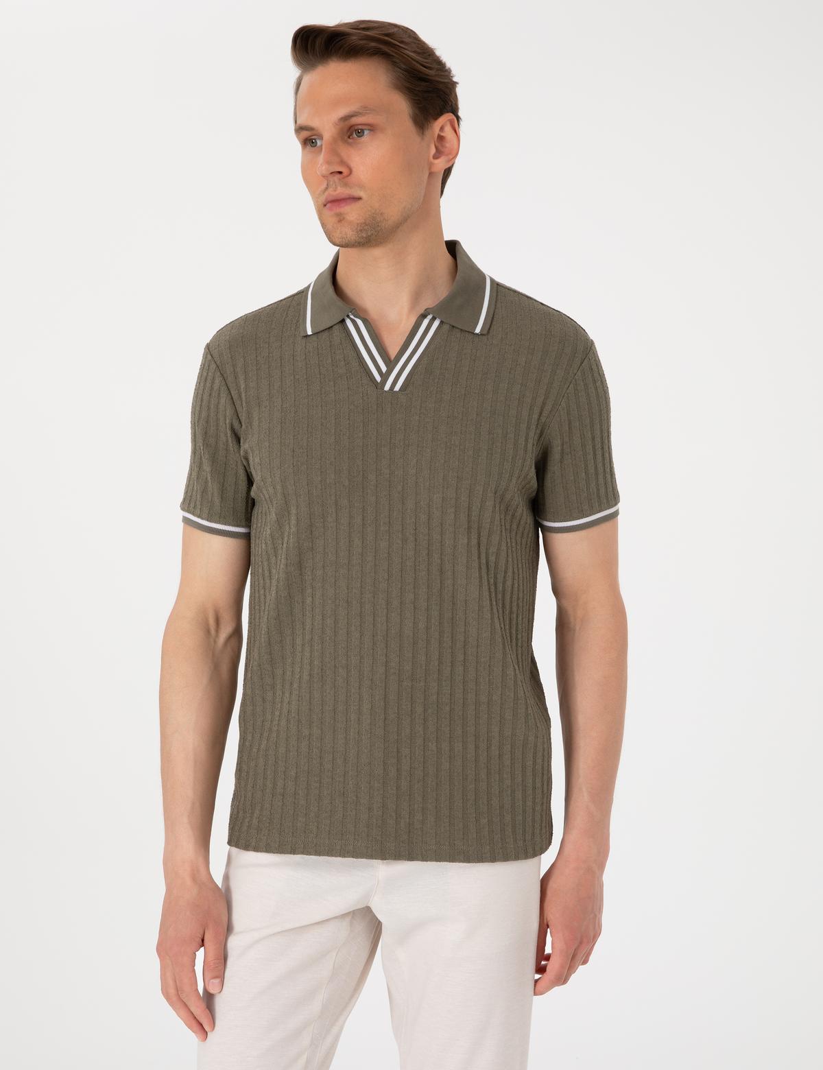 Haki Slim Fit Örme Dokulu Polo Yaka Tişört