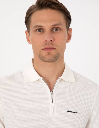 Ekru Slim Fit Örme Dokulu Polo Yaka Tişört