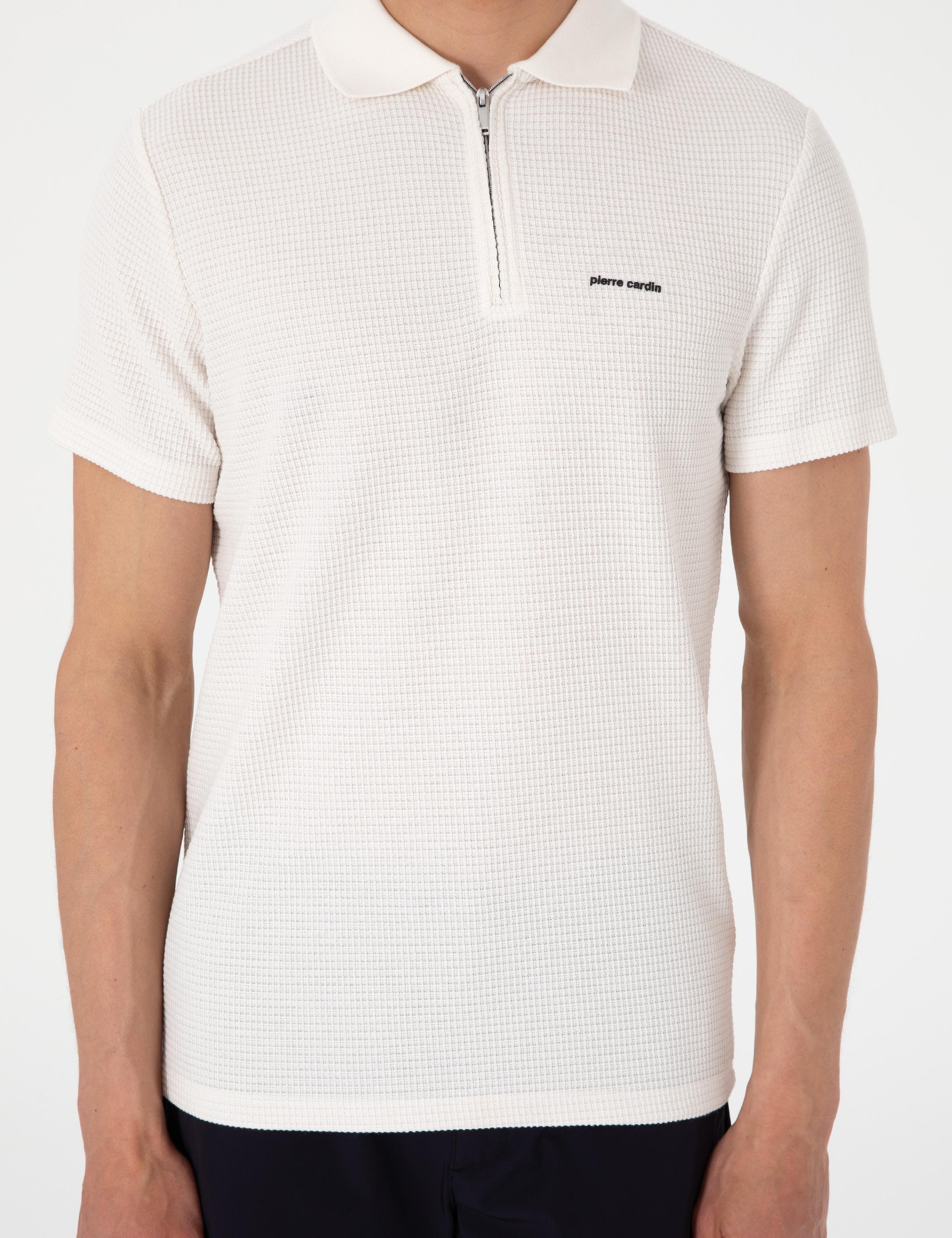 Ekru Slim Fit Örme Dokulu Polo Yaka Tişört