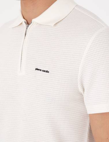 Ekru Slim Fit Örme Dokulu Polo Yaka Tişört