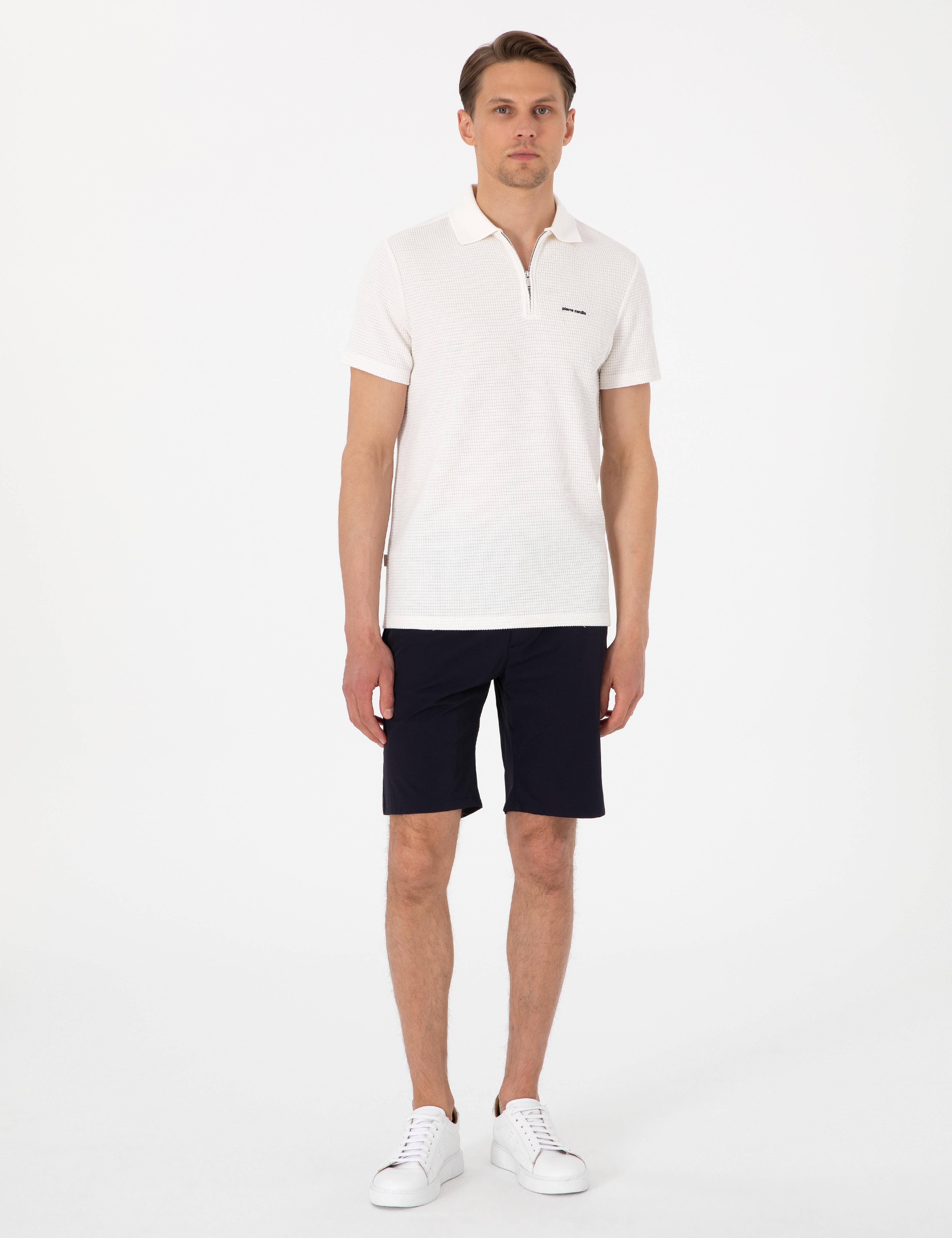 Ekru Slim Fit Örme Dokulu Polo Yaka Tişört - Image 4