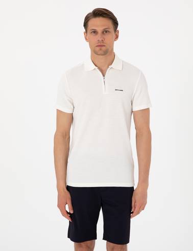 Ekru Slim Fit Örme Dokulu Polo Yaka Tişört