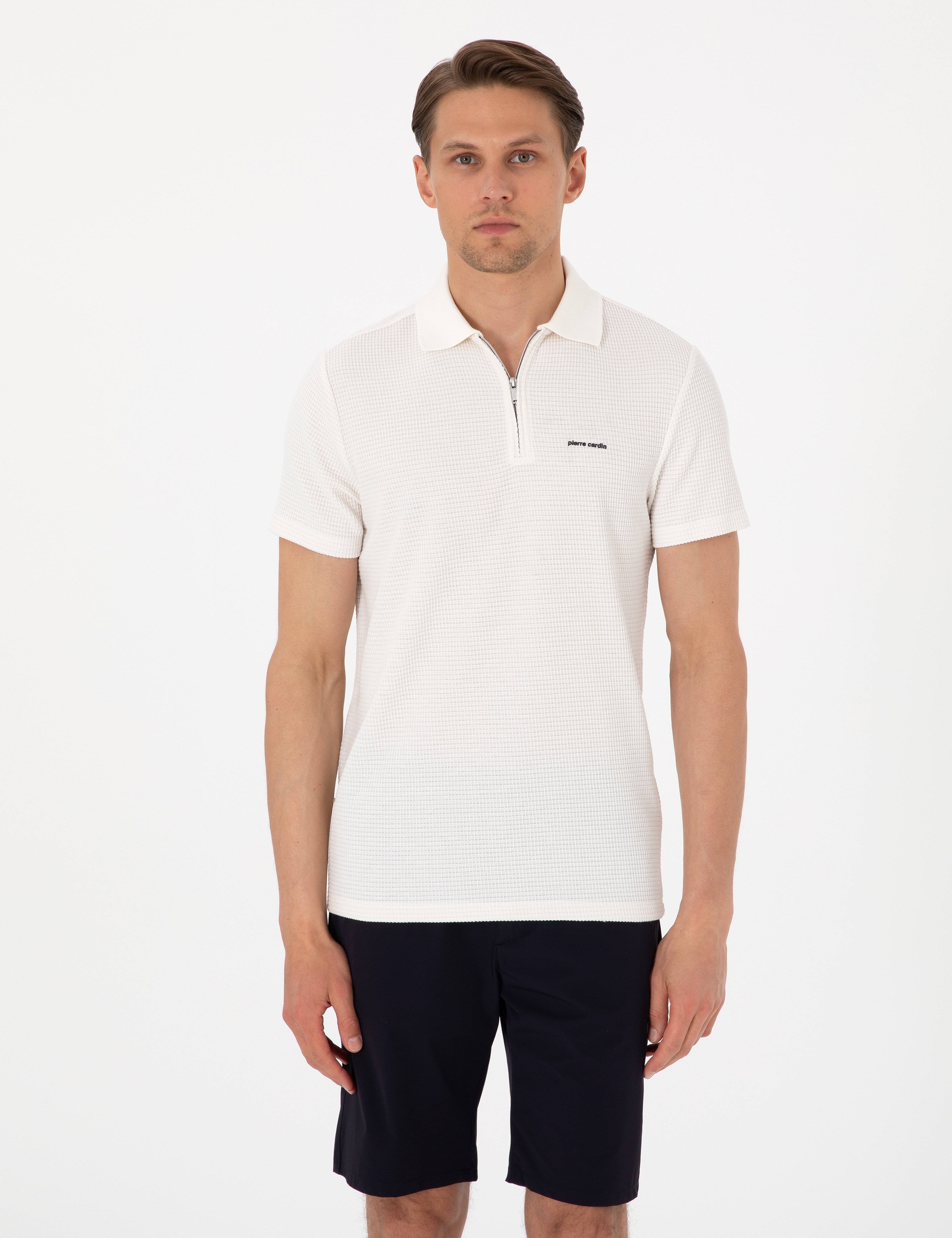 Ekru Slim Fit Örme Dokulu Polo Yaka Tişört