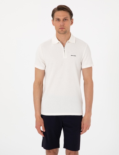 Ekru Slim Fit Örme Dokulu Polo Yaka Tişört