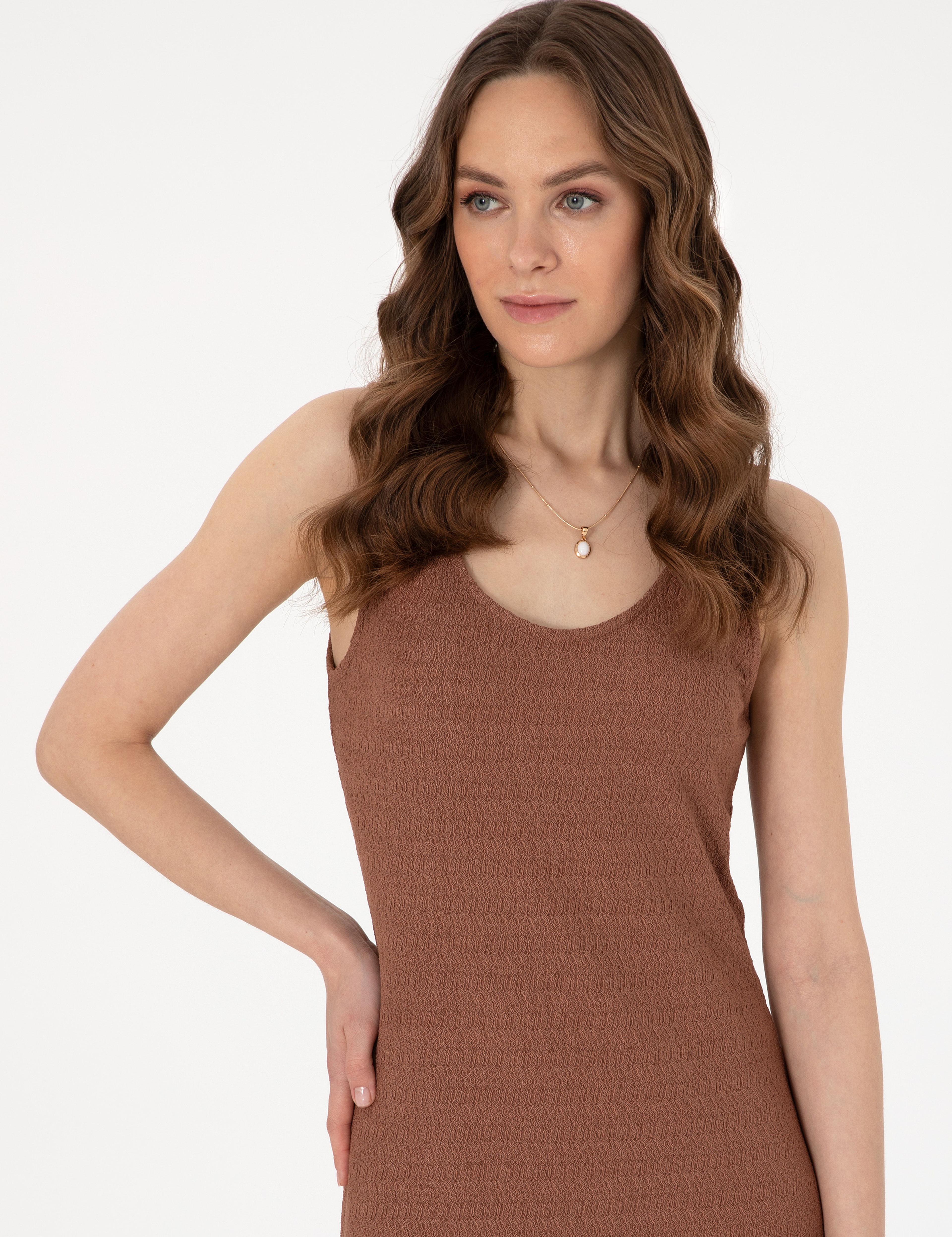Kahverengi Slim Fit Örme Elbise - Image 2