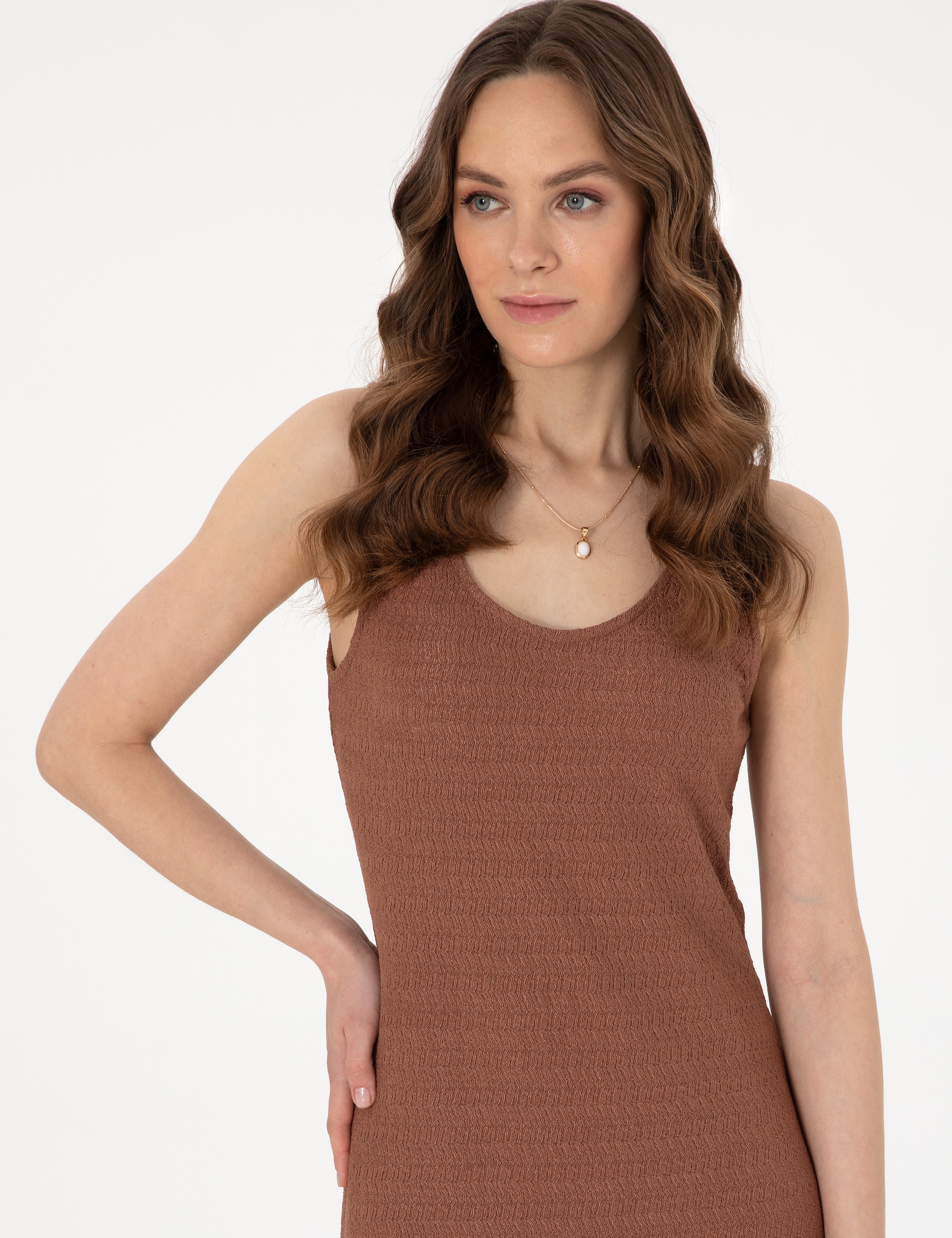 Kahverengi Slim Fit Örme Elbise