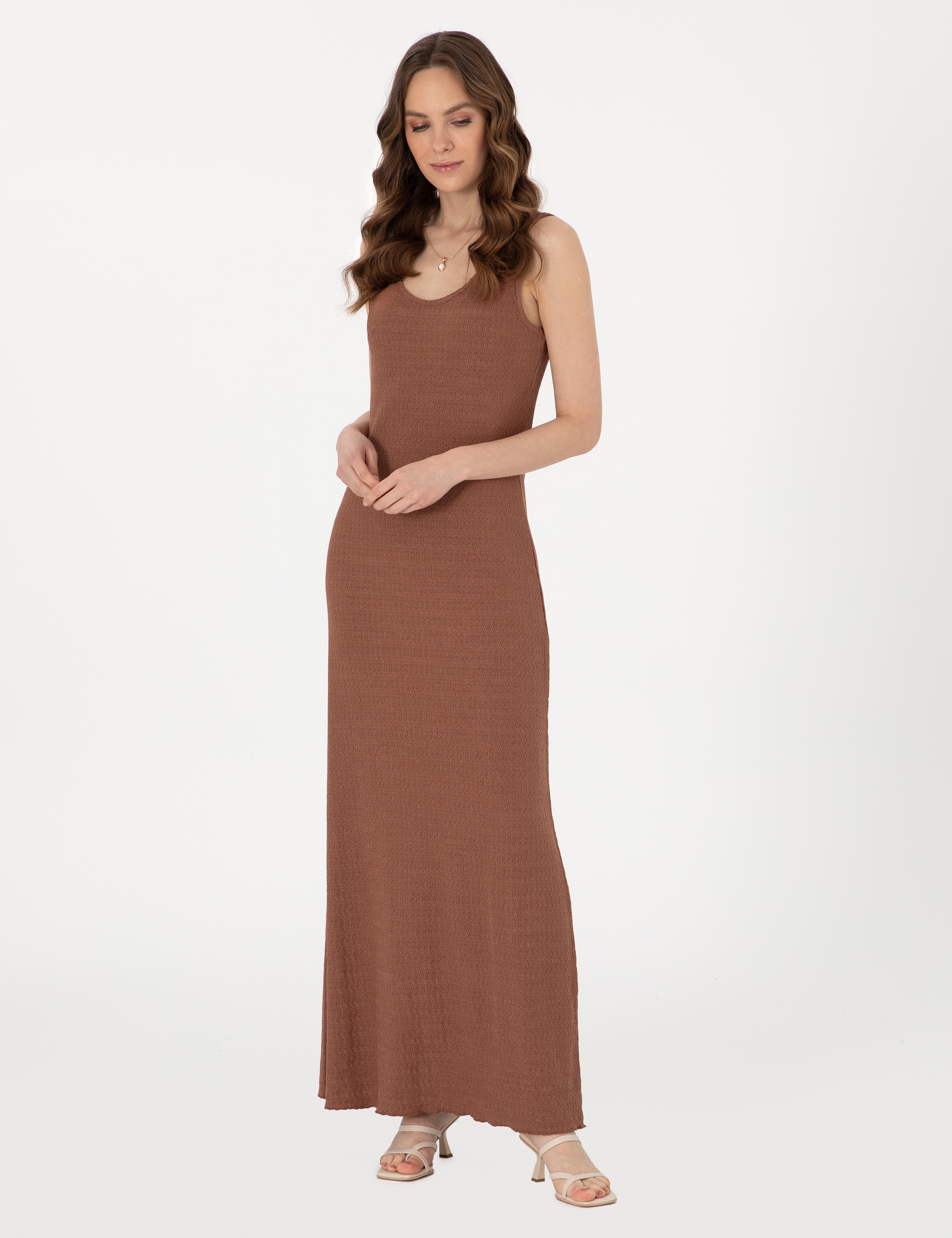 Kahverengi Slim Fit Örme Elbise - Image 3