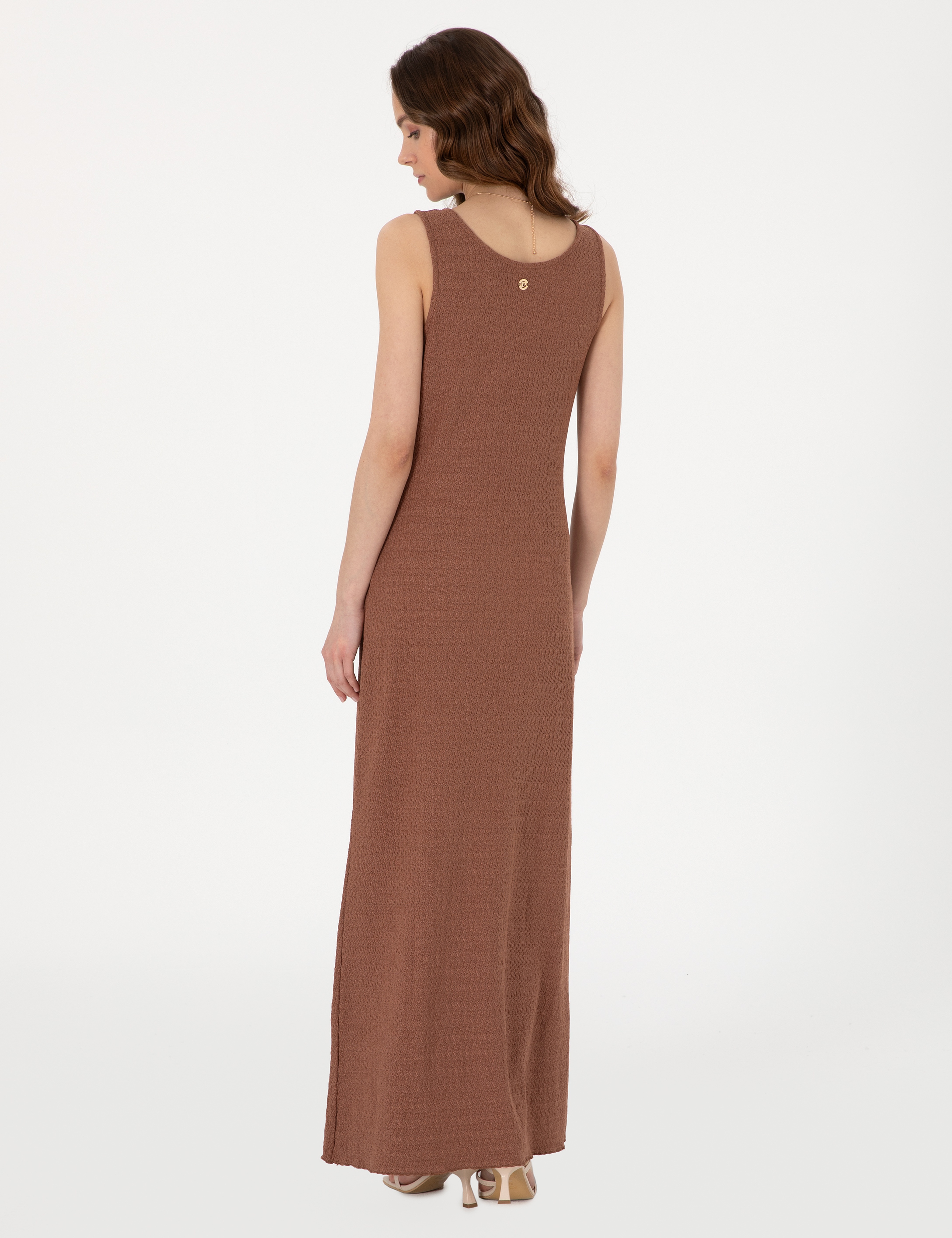 Kahverengi Slim Fit Örme Elbise - Image 4