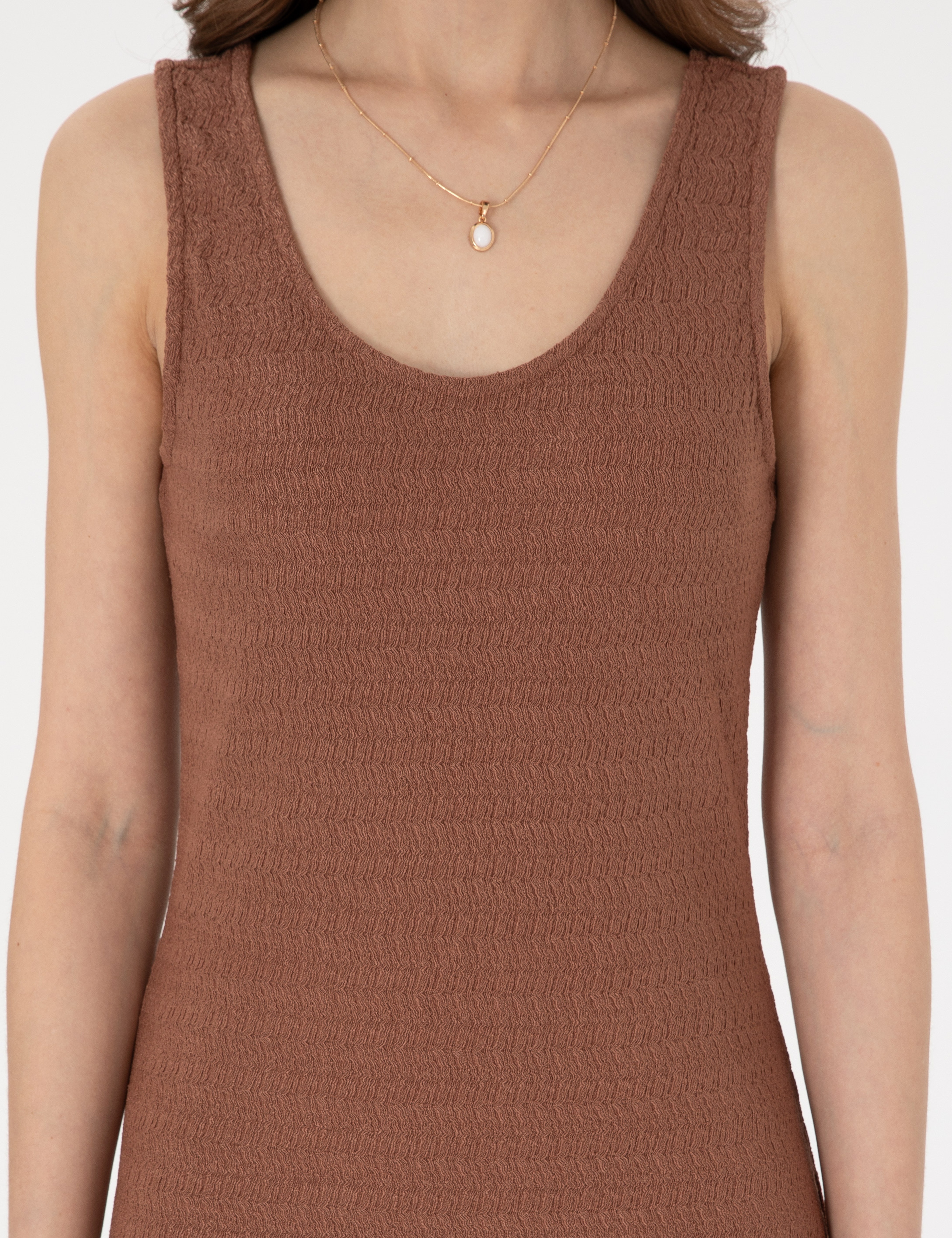 Kahverengi Slim Fit Örme Elbise - Image 5