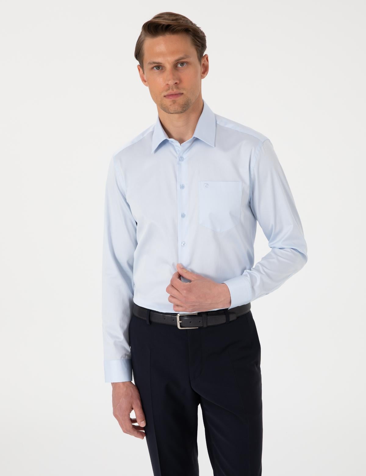 Açık Mavi Parlak Saten Regular Fit Uzun Kollu Basic Gömlek - 50302972006