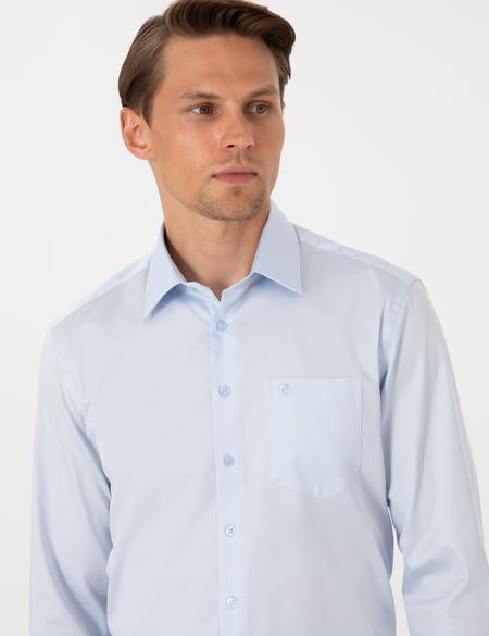 Açık Mavi Parlak Saten Regular Fit Uzun Kollu Basic Gömlek - 50302972006