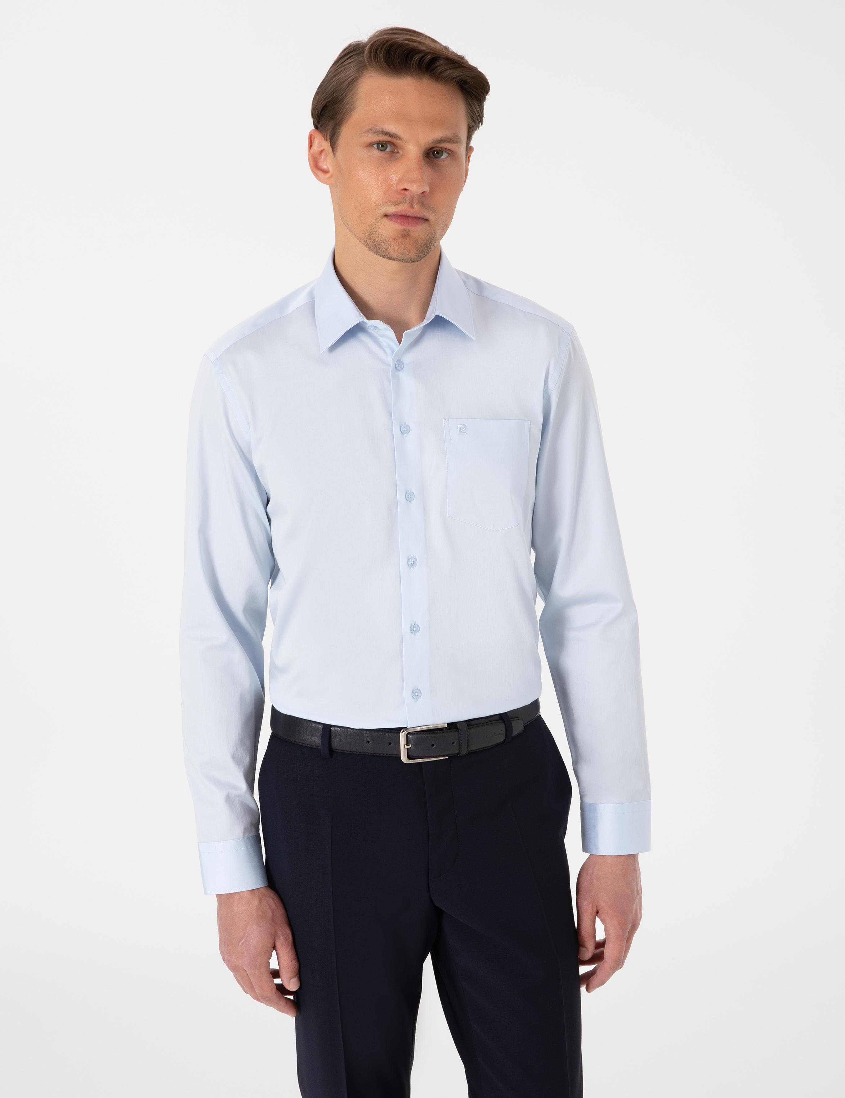 Açık Mavi Parlak Saten Regular Fit Uzun Kollu Basic Gömlek