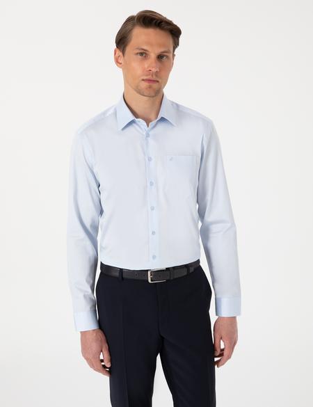 Açık Mavi Parlak Saten Regular Fit Uzun Kollu Basic Gömlek - 50302972006