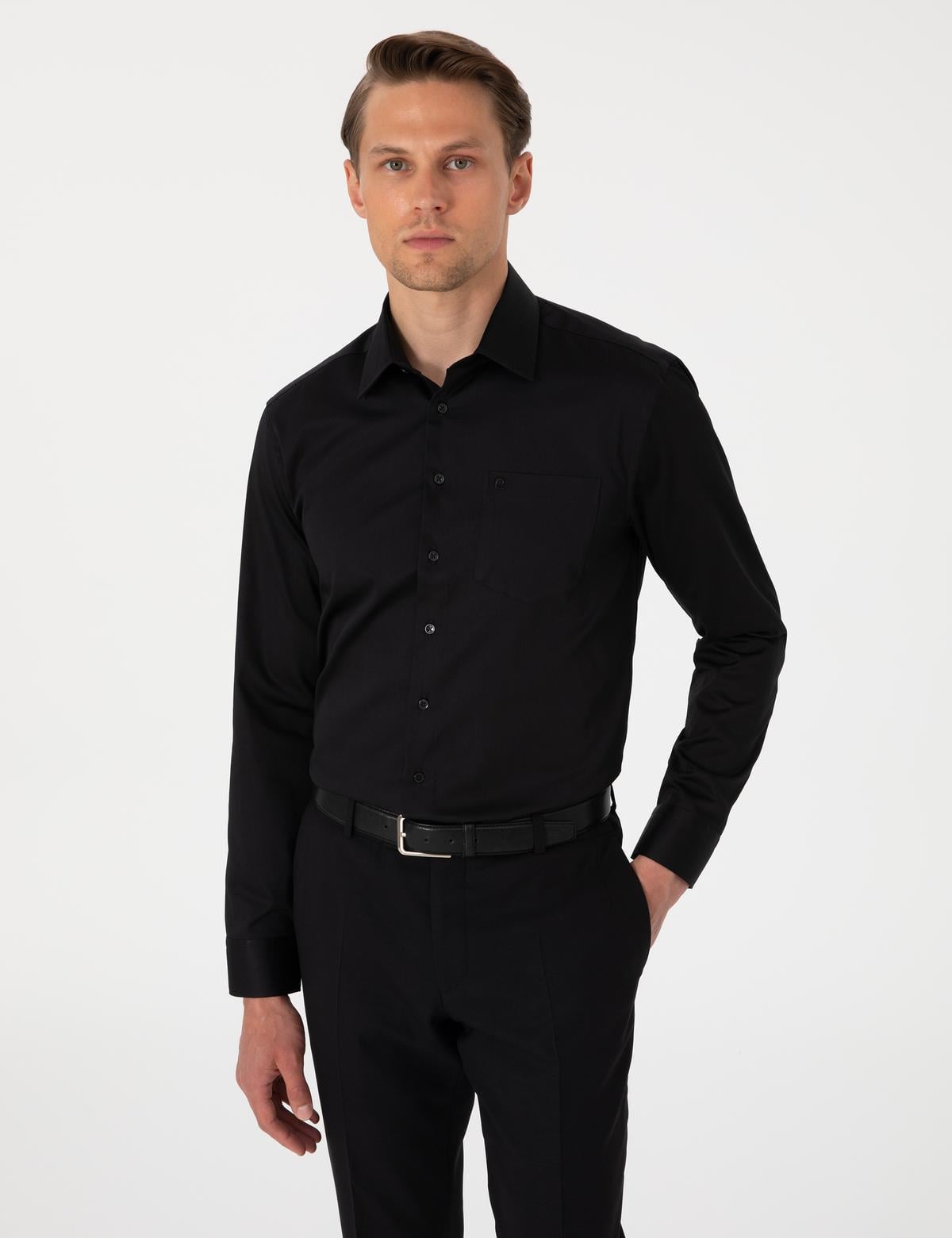 Siyah Parlak Saten Regular Fit Uzun Kollu Basic Gömlek