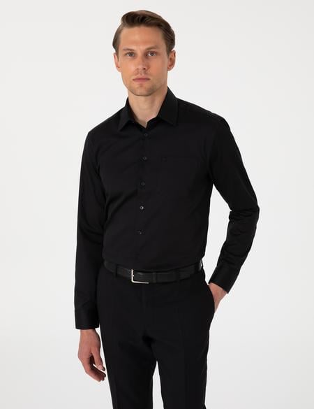 Siyah Parlak Saten Regular Fit Uzun Kollu Basic Gömlek - 50302972042
