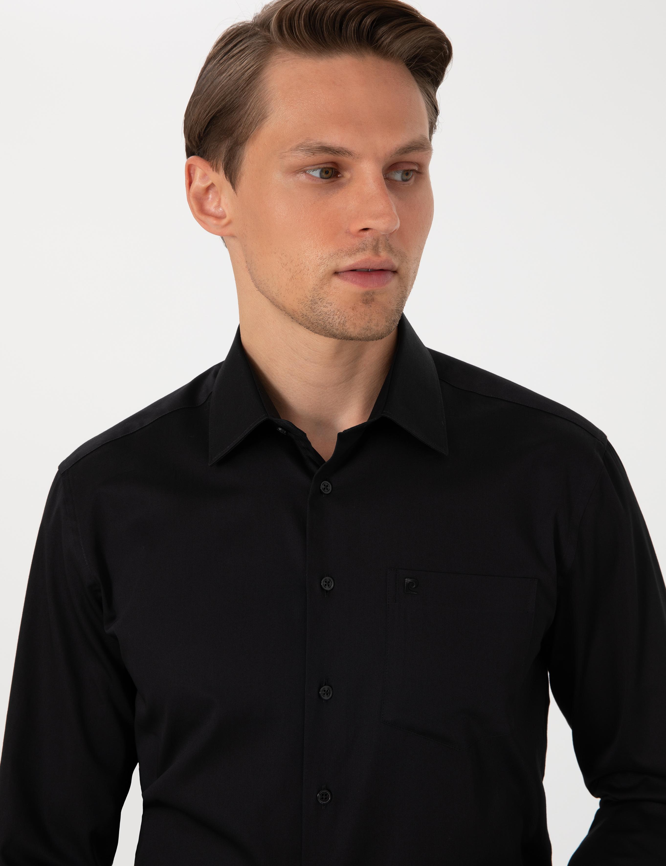 Siyah Parlak Saten Regular Fit Uzun Kollu Basic Gömlek