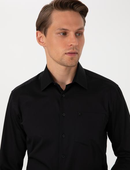 Siyah Parlak Saten Regular Fit Uzun Kollu Basic Gömlek - 50302972042