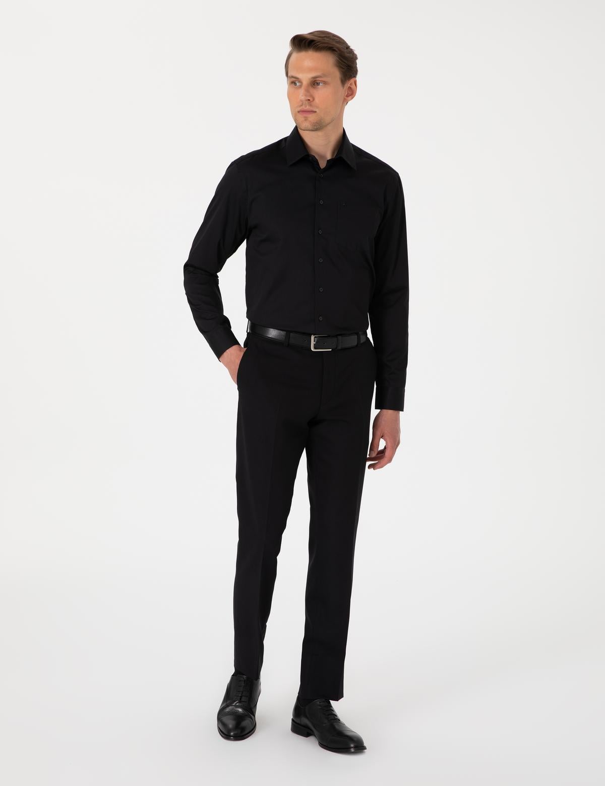 Siyah Parlak Saten Regular Fit Uzun Kollu Basic Gömlek - 50302972042