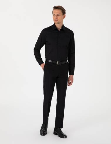 Siyah  %100 Pamuk Regular Fit Uzun Kollu Basic Gömlek