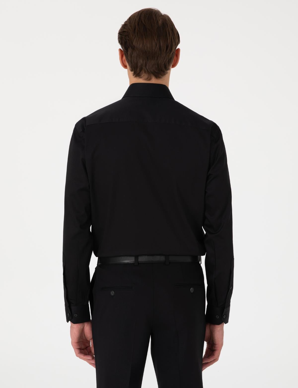 Siyah Parlak Saten Regular Fit Uzun Kollu Basic Gömlek - 50302972042