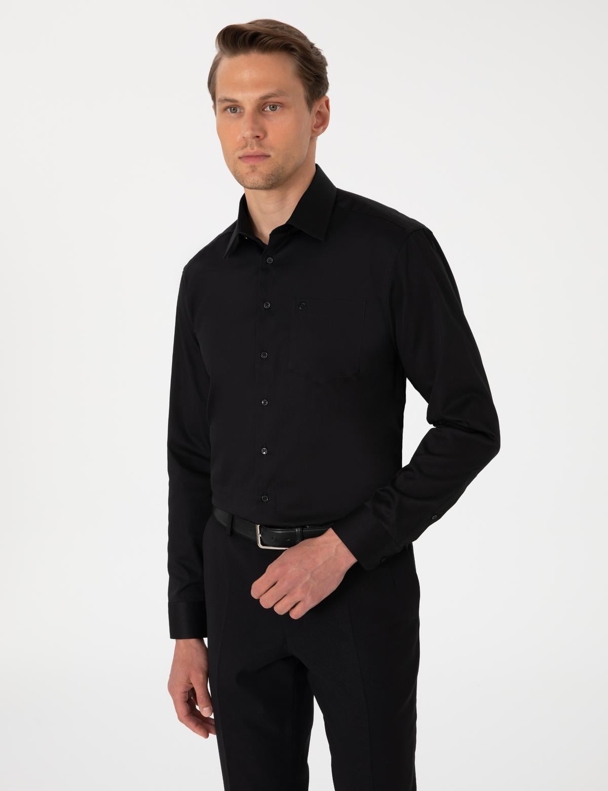 Siyah Parlak Saten Regular Fit Uzun Kollu Basic Gömlek - 50302972042