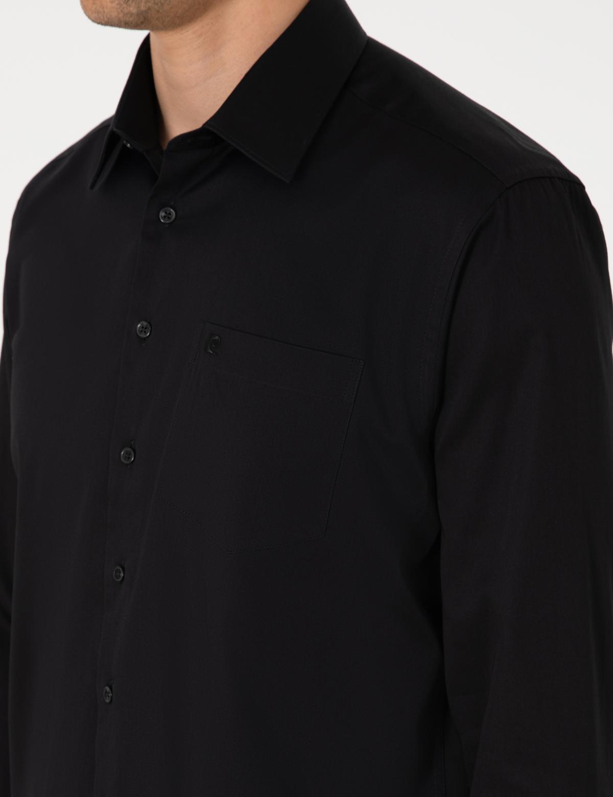 Siyah Parlak Saten Regular Fit Uzun Kollu Basic Gömlek - 50302972042