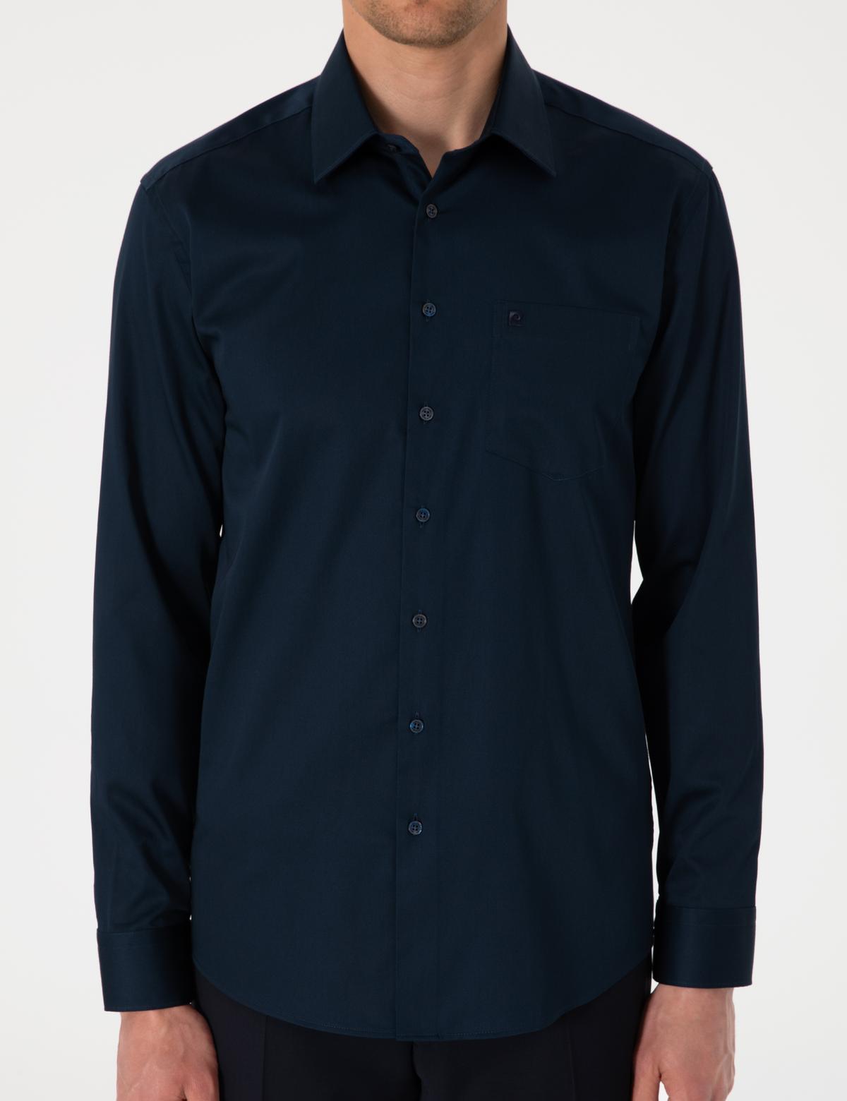 Lacivert Parlak Saten Regular Fit Uzun Kollu Basic Gömlek - 50302972033